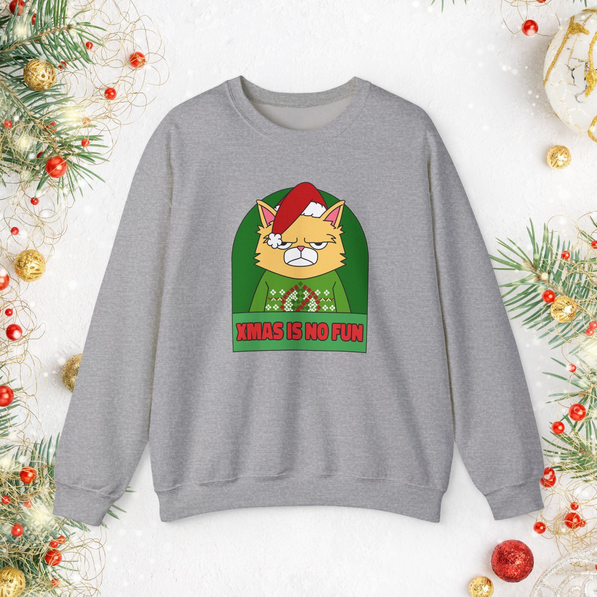 Grumpy Cat Christmas Sweatshirt – "XMAS IS NO FUN" Holiday Crewneck