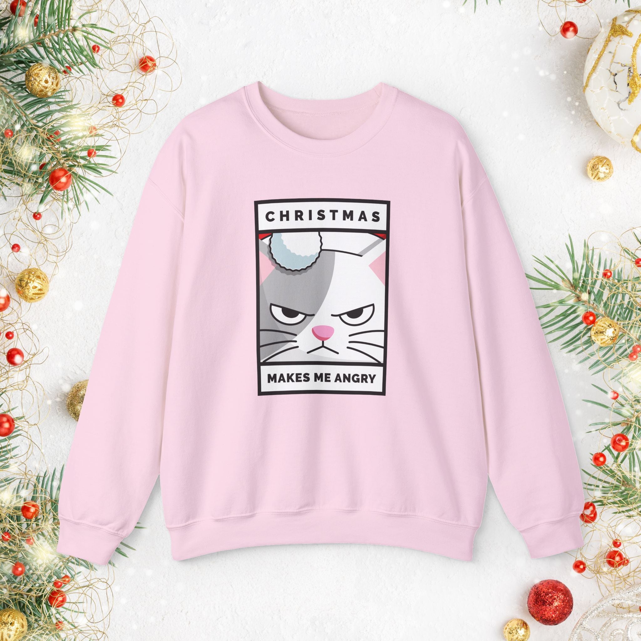 Grumpy Cat Christmas Sweatshirt - "Christmas Makes Me Angry" Graphic Crewneck