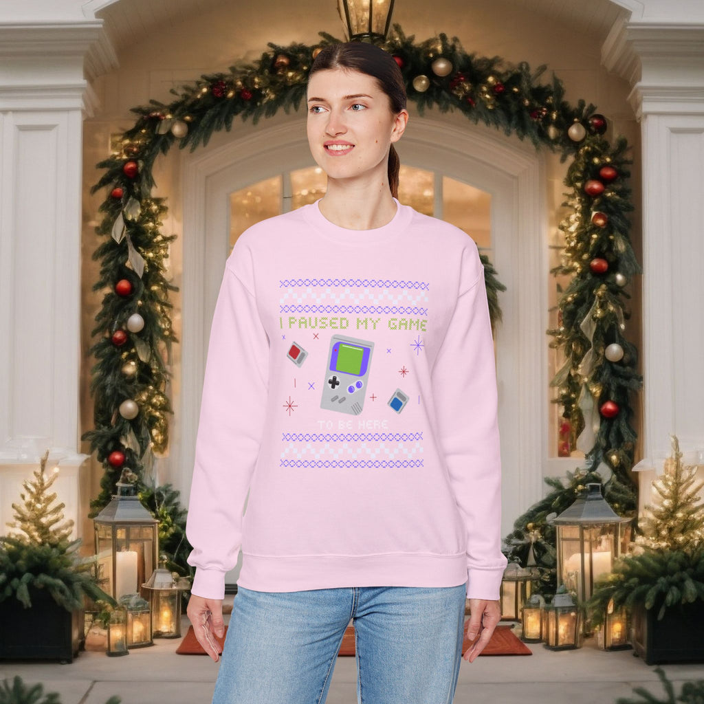 I Paused My Game Retro Handheld Sweatshirt — Gamer Christmas Ugly Sweater