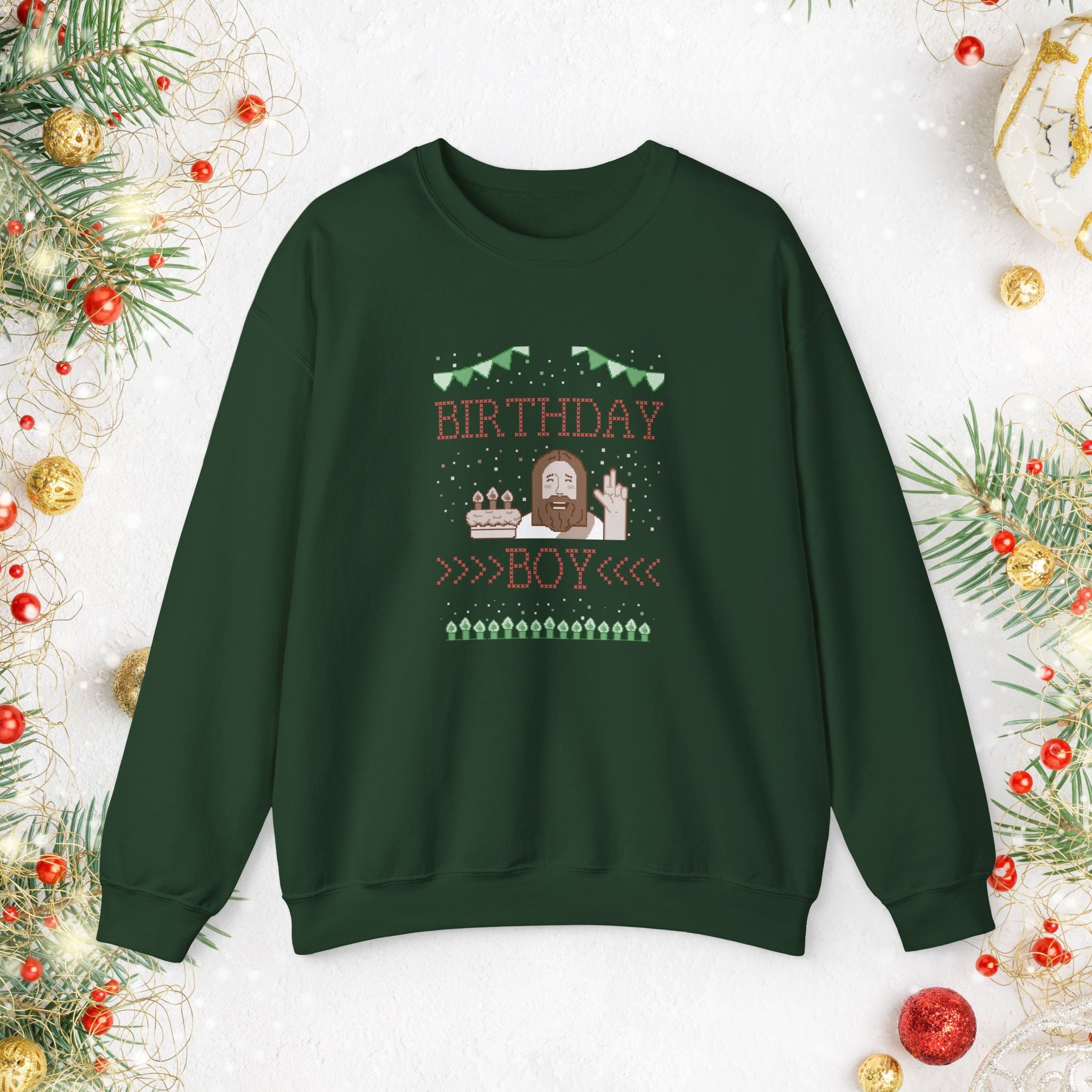 Birthday Boy Jesus Sweatshirt — Festive Retro Cake & Candles Crewneck
