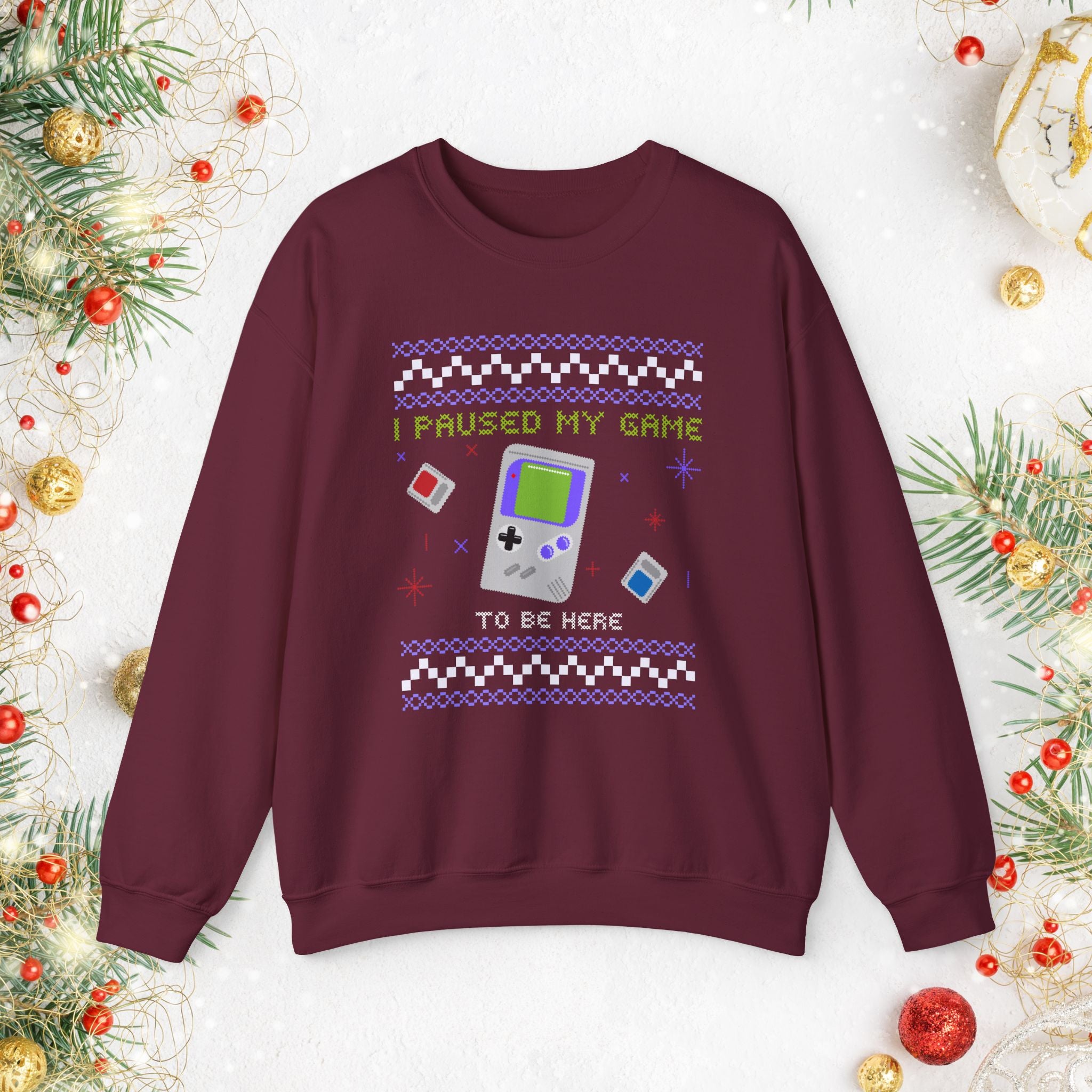 I Paused My Game Retro Handheld Sweatshirt — Gamer Christmas Ugly Sweater