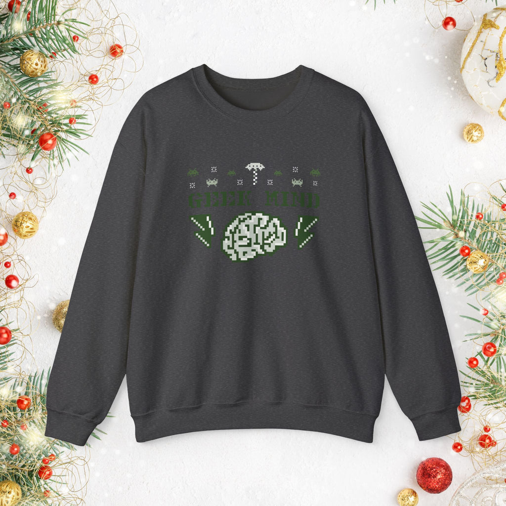 Geek Mind Crewneck Sweatshirt – Retro Pixel Brain Gaming Holiday Sweater