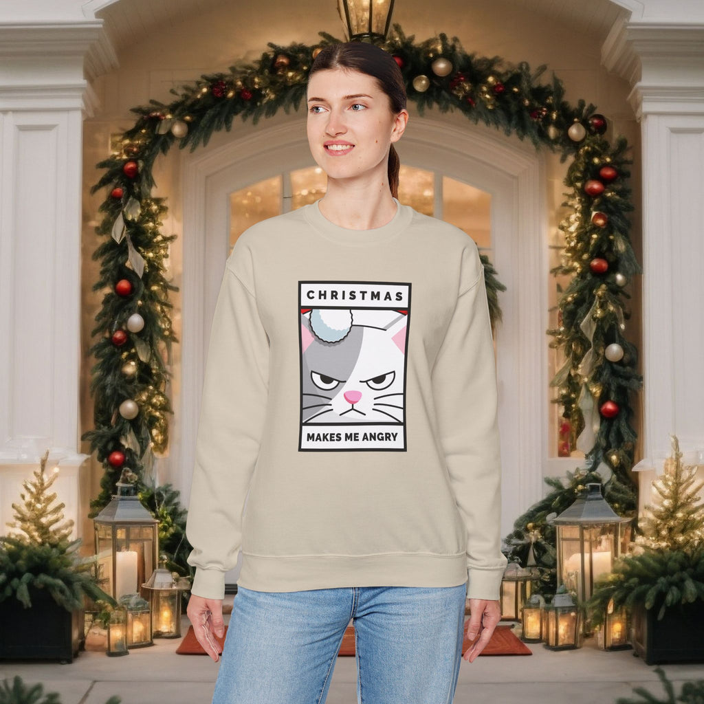 Grumpy Cat Christmas Sweatshirt - "Christmas Makes Me Angry" Graphic Crewneck