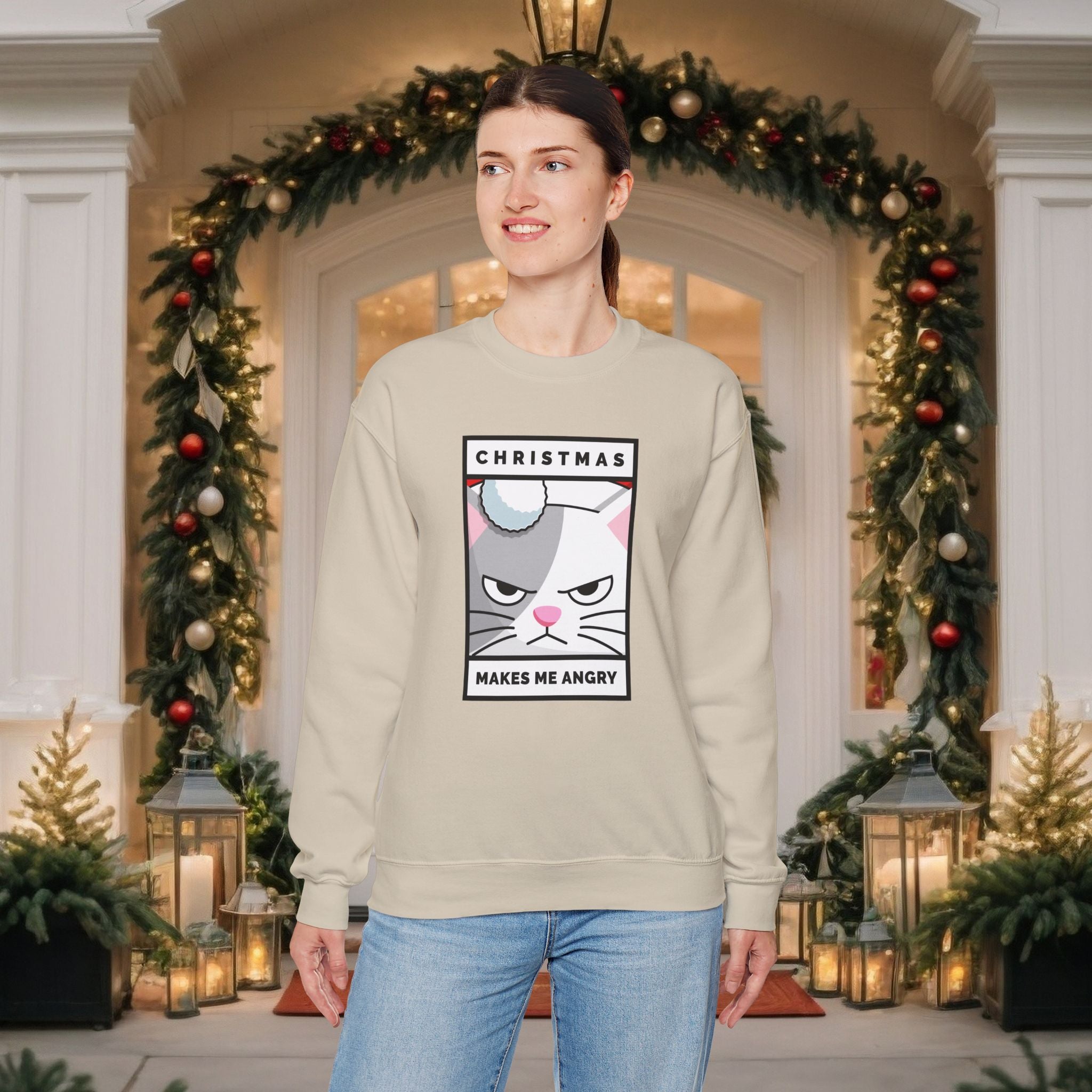 Grumpy Cat Christmas Sweatshirt - "Christmas Makes Me Angry" Graphic Crewneck