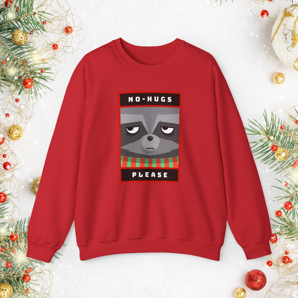 Crewneck Sweatshirt - "No Hugs Please" Grumpy Raccoon Holiday Sweater