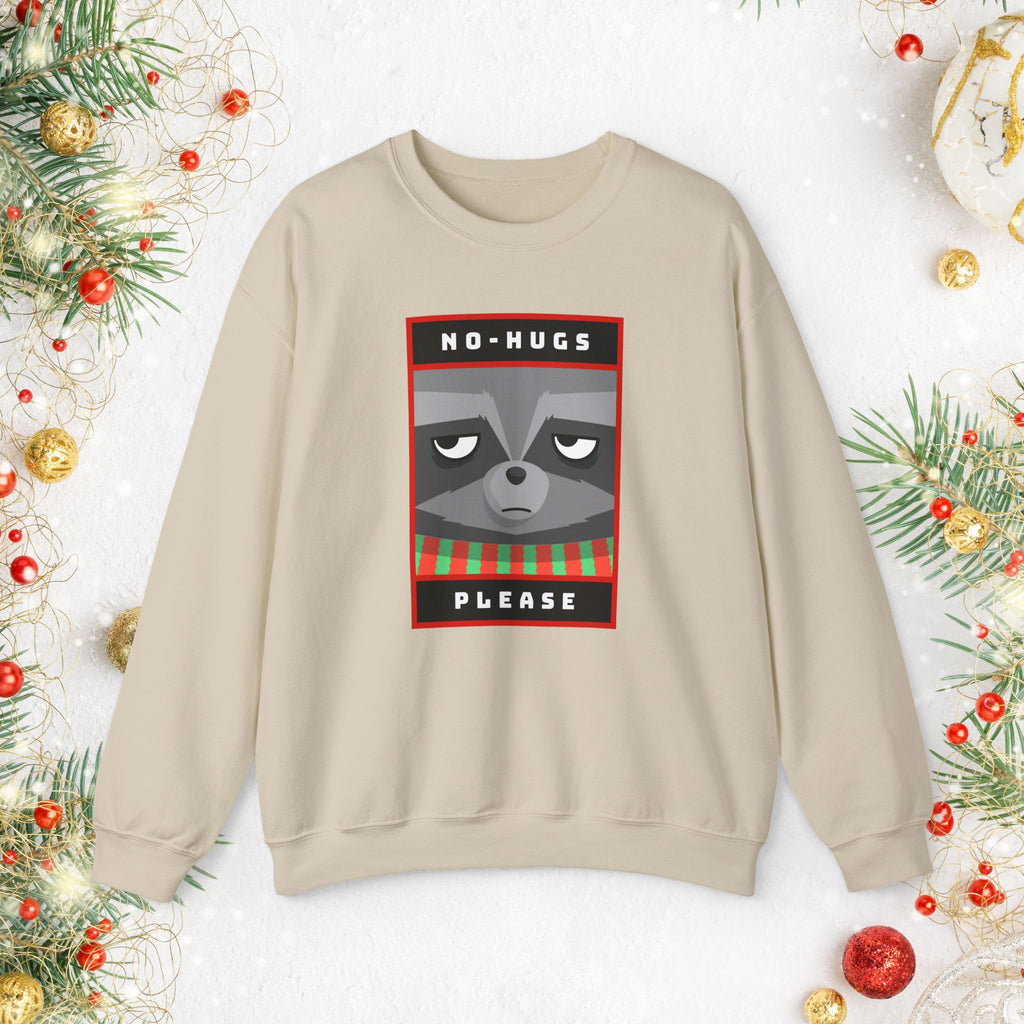 Crewneck Sweatshirt - "No Hugs Please" Grumpy Raccoon Holiday Sweater