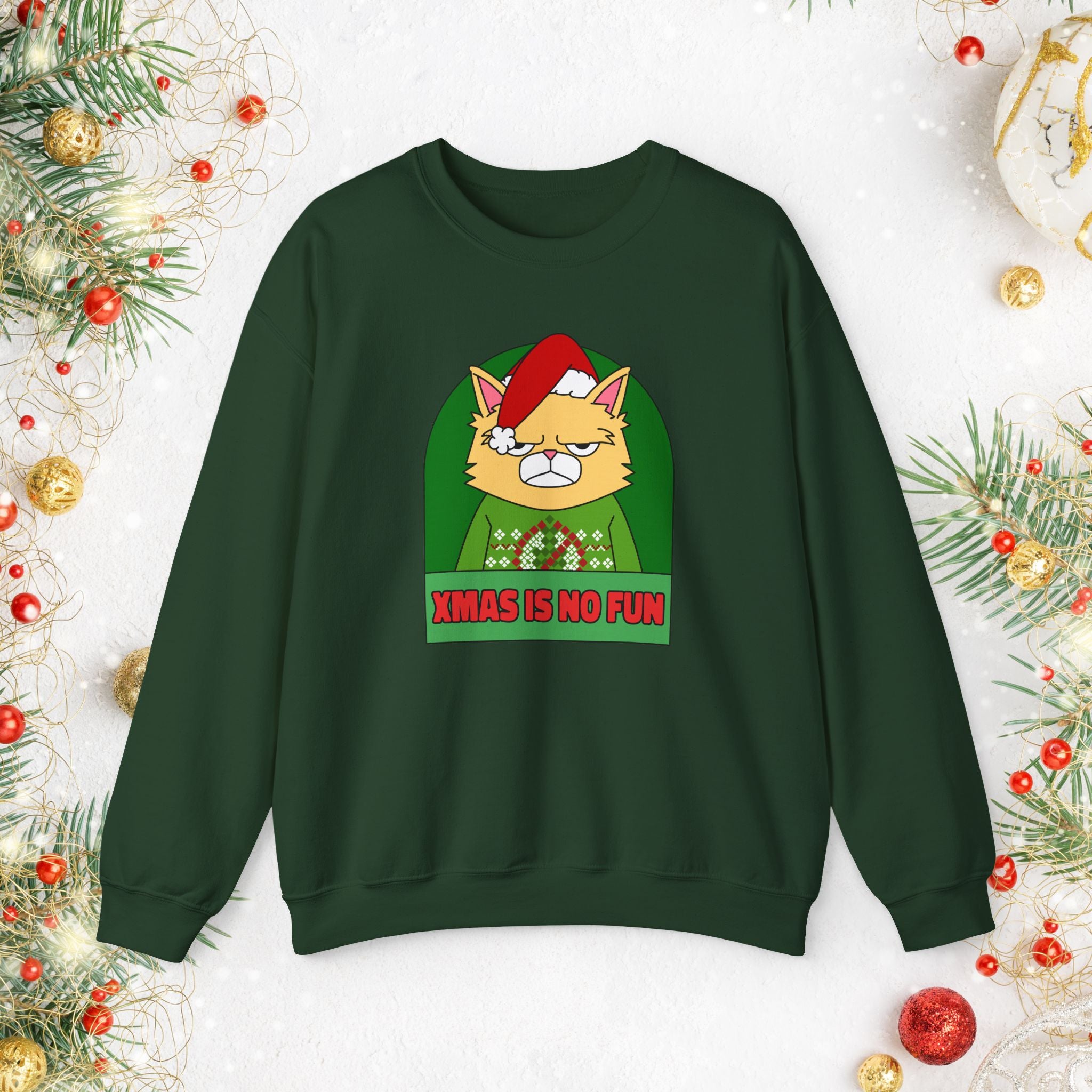 Grumpy Cat Christmas Sweatshirt – "XMAS IS NO FUN" Holiday Crewneck