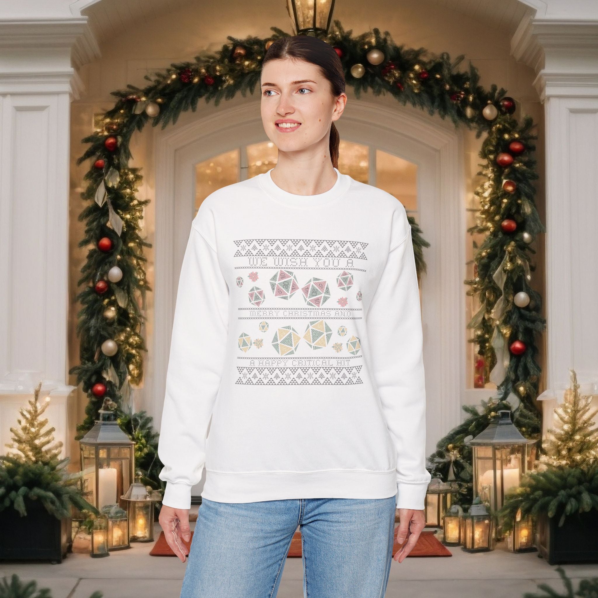 Geometric Dice Holiday Sweatshirt — Tabletop RPG Festive Crewneck