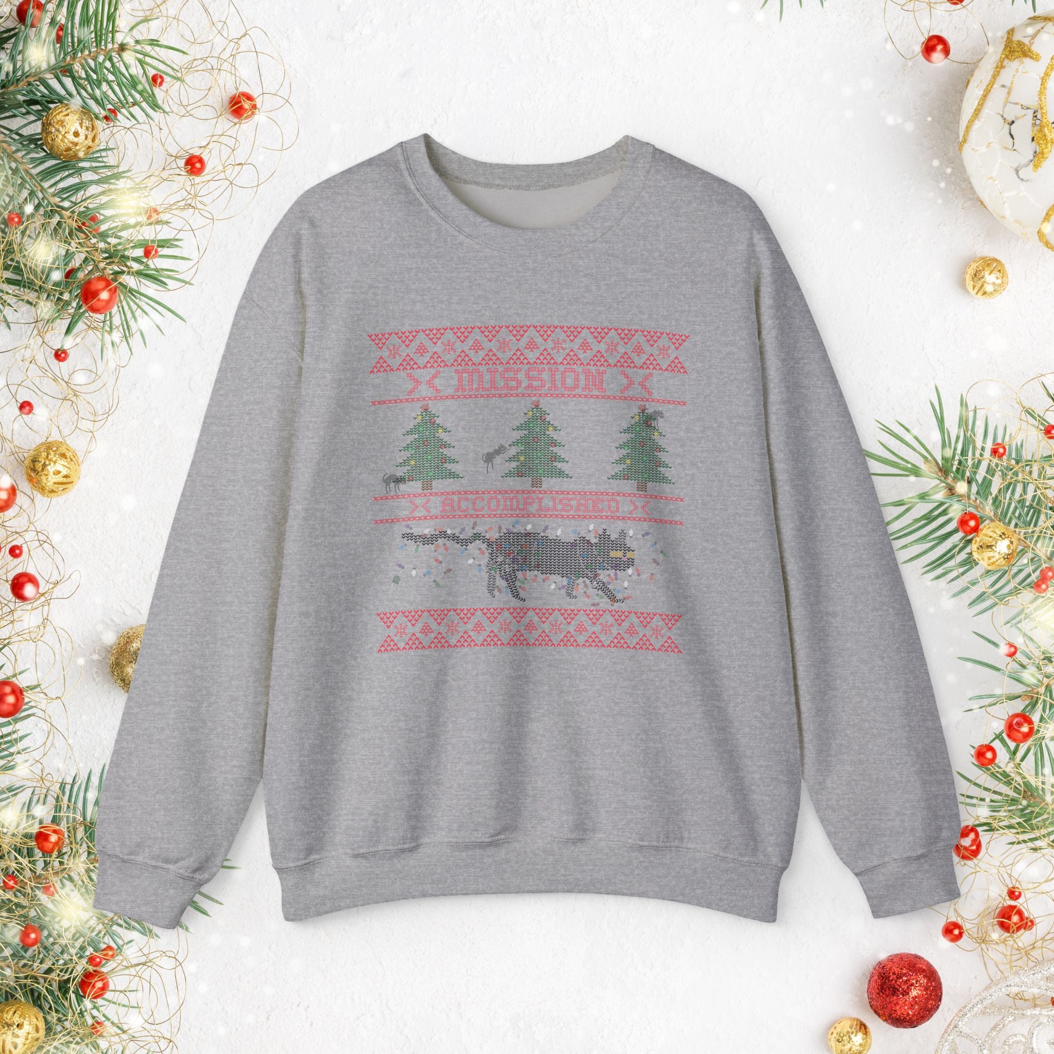 Funny Holiday Cat Sweatshirt — Cat Destroying Tree Christmas Sweater