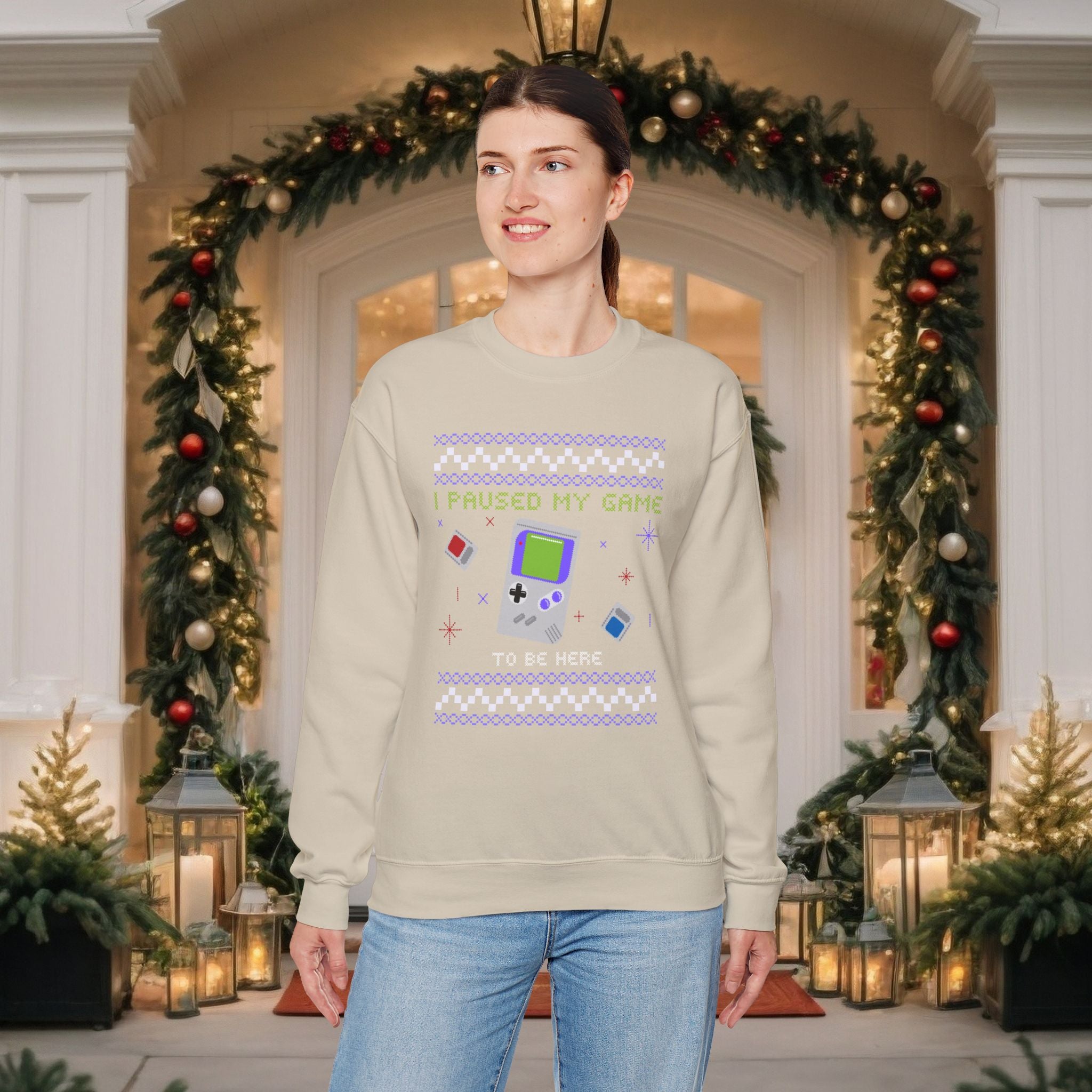 I Paused My Game Retro Handheld Sweatshirt — Gamer Christmas Ugly Sweater
