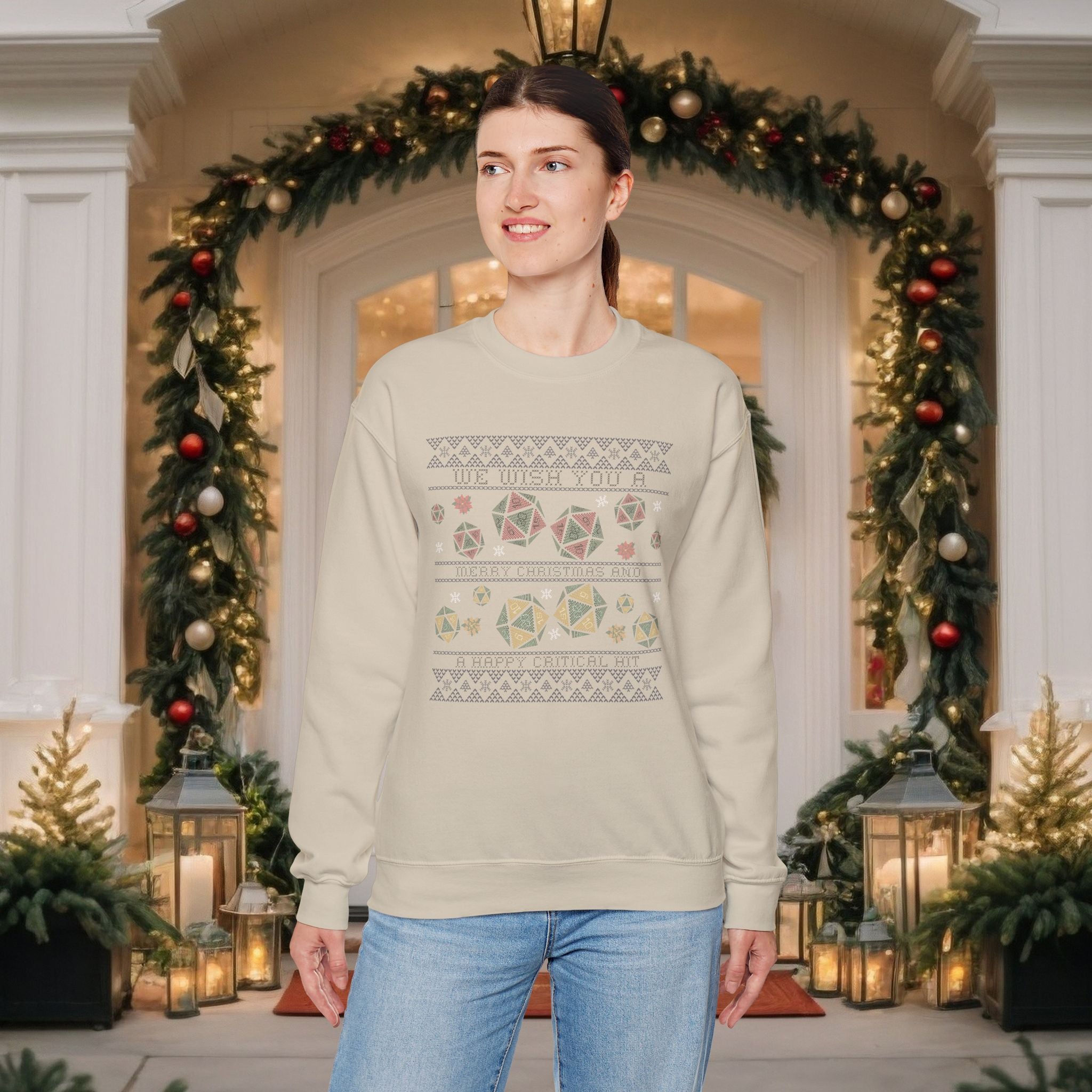 Geometric Dice Holiday Sweatshirt — Tabletop RPG Festive Crewneck