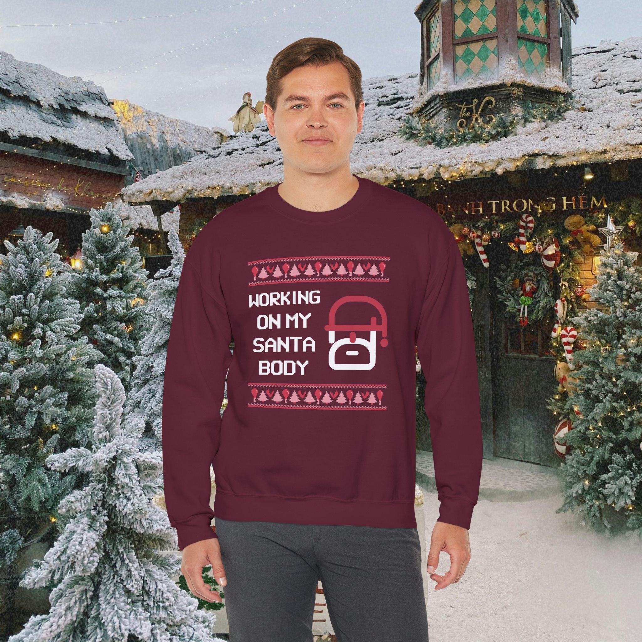 Christmas Sweatshirt — "Working On My Santa Body" Funny Holiday Crewneck