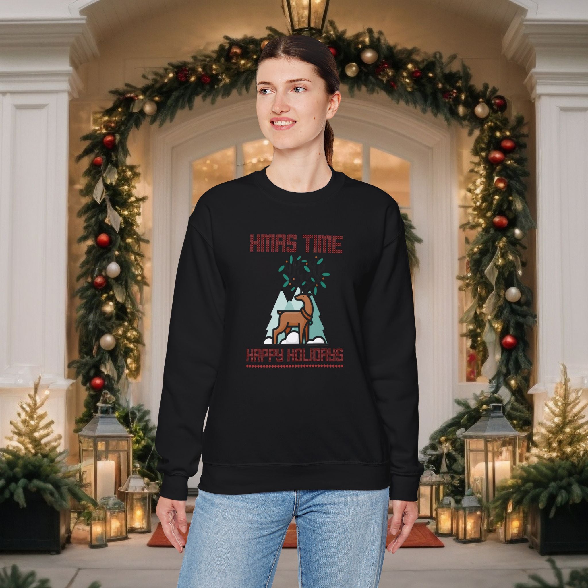 Christmas Reindeer Crewneck Sweatshirt — "Xmas Time, Happy Holidays" Holiday Sweatshirt