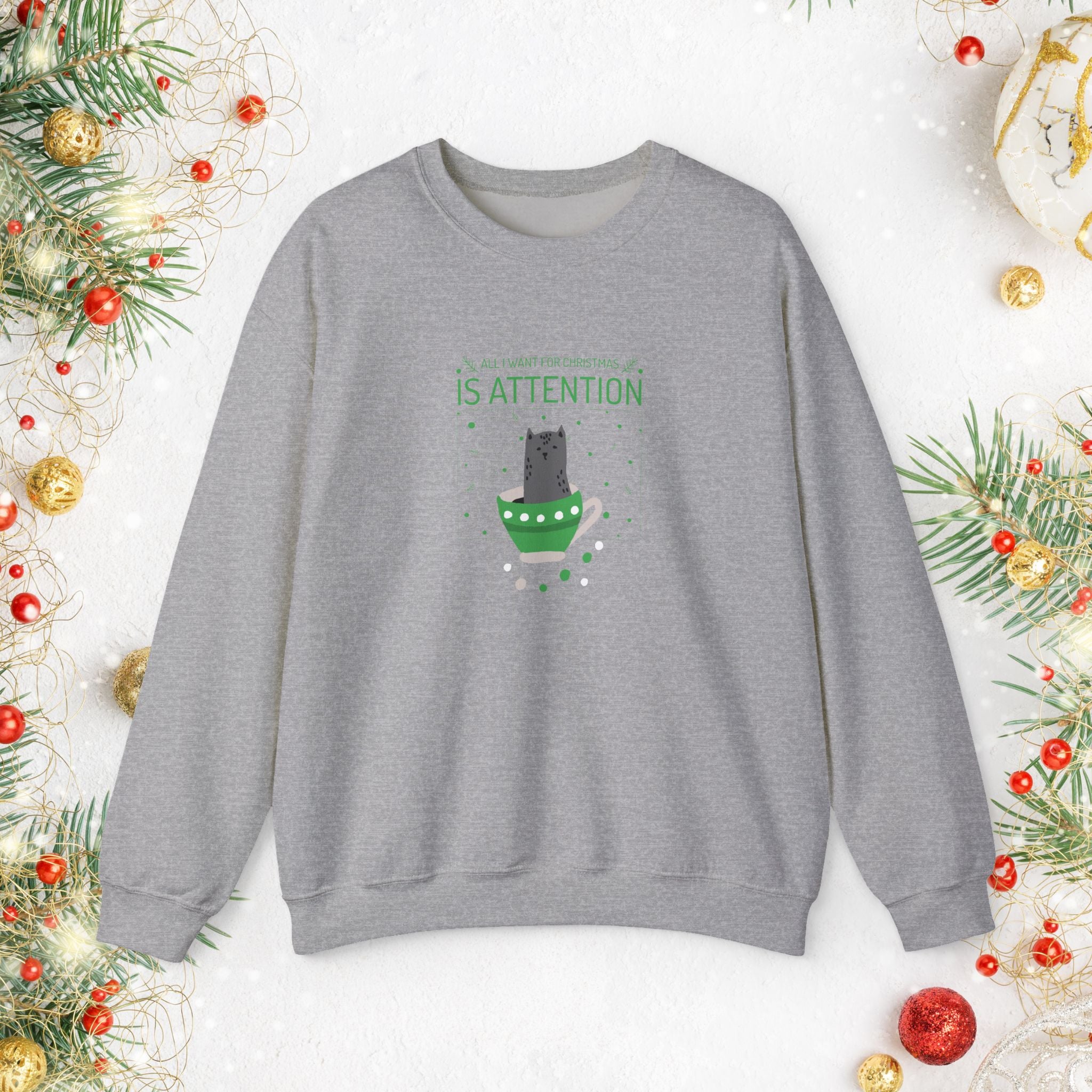 Cat in Ornament Sweatshirt — 'Is Attention' Holiday Cat Crewneck