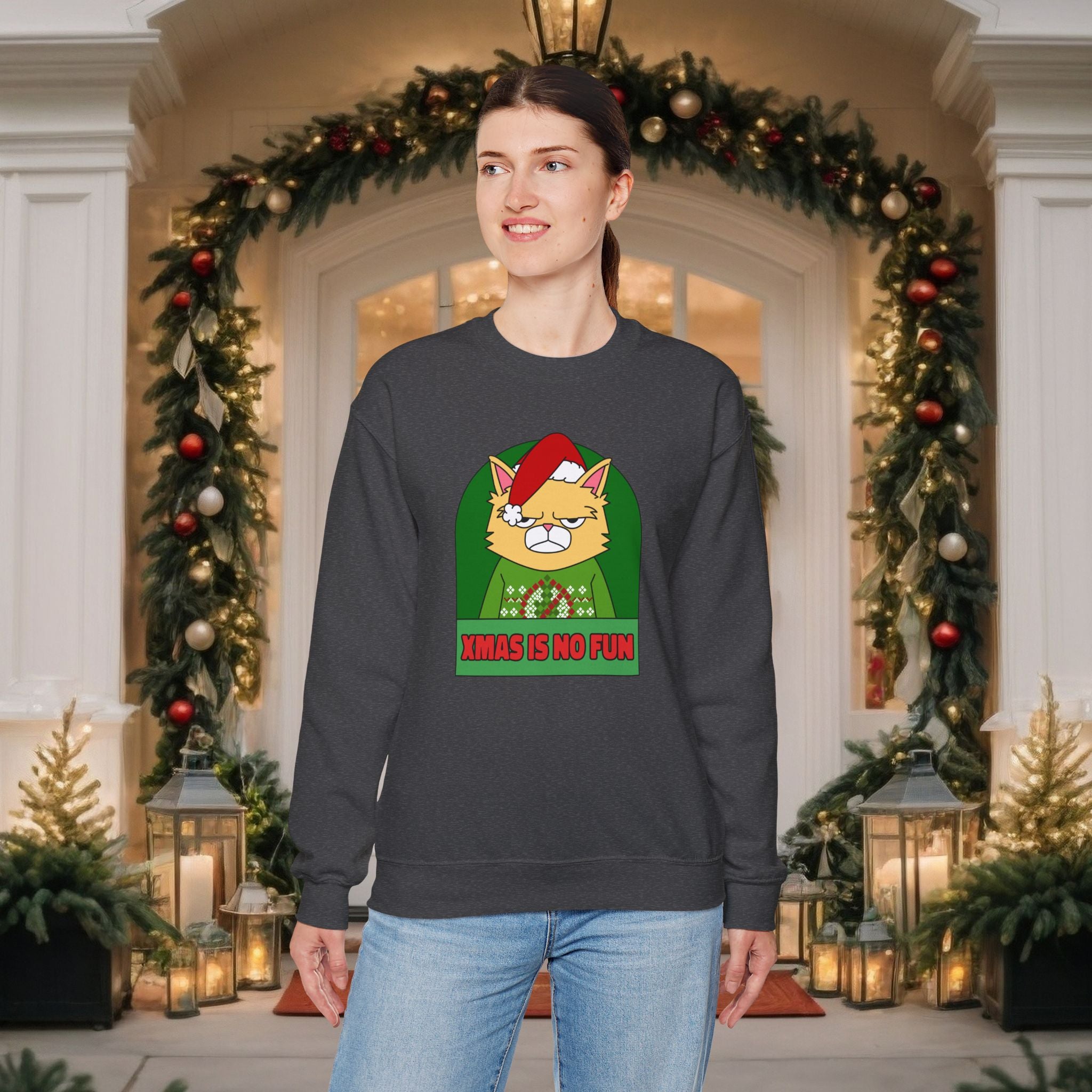 Grumpy Cat Christmas Sweatshirt – "XMAS IS NO FUN" Holiday Crewneck