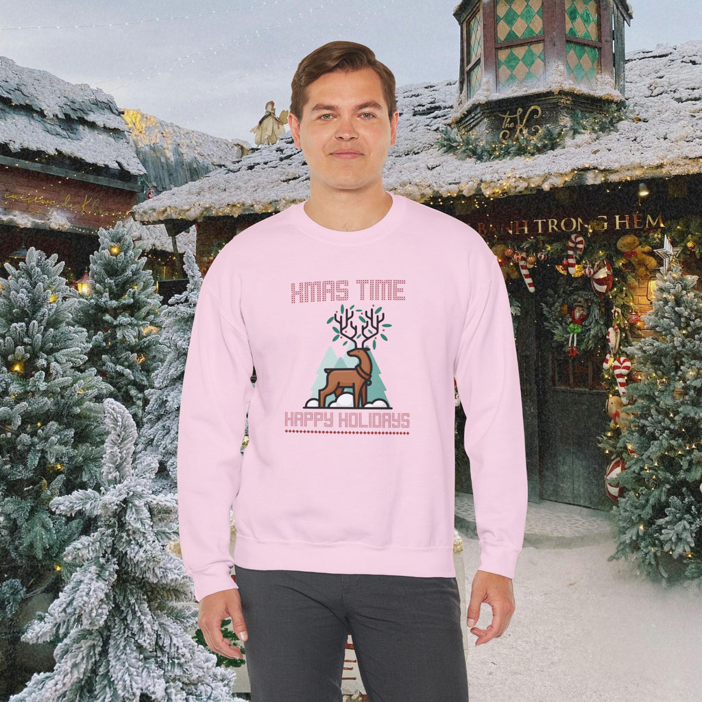 Christmas Reindeer Crewneck Sweatshirt — "Xmas Time, Happy Holidays" Holiday Sweatshirt