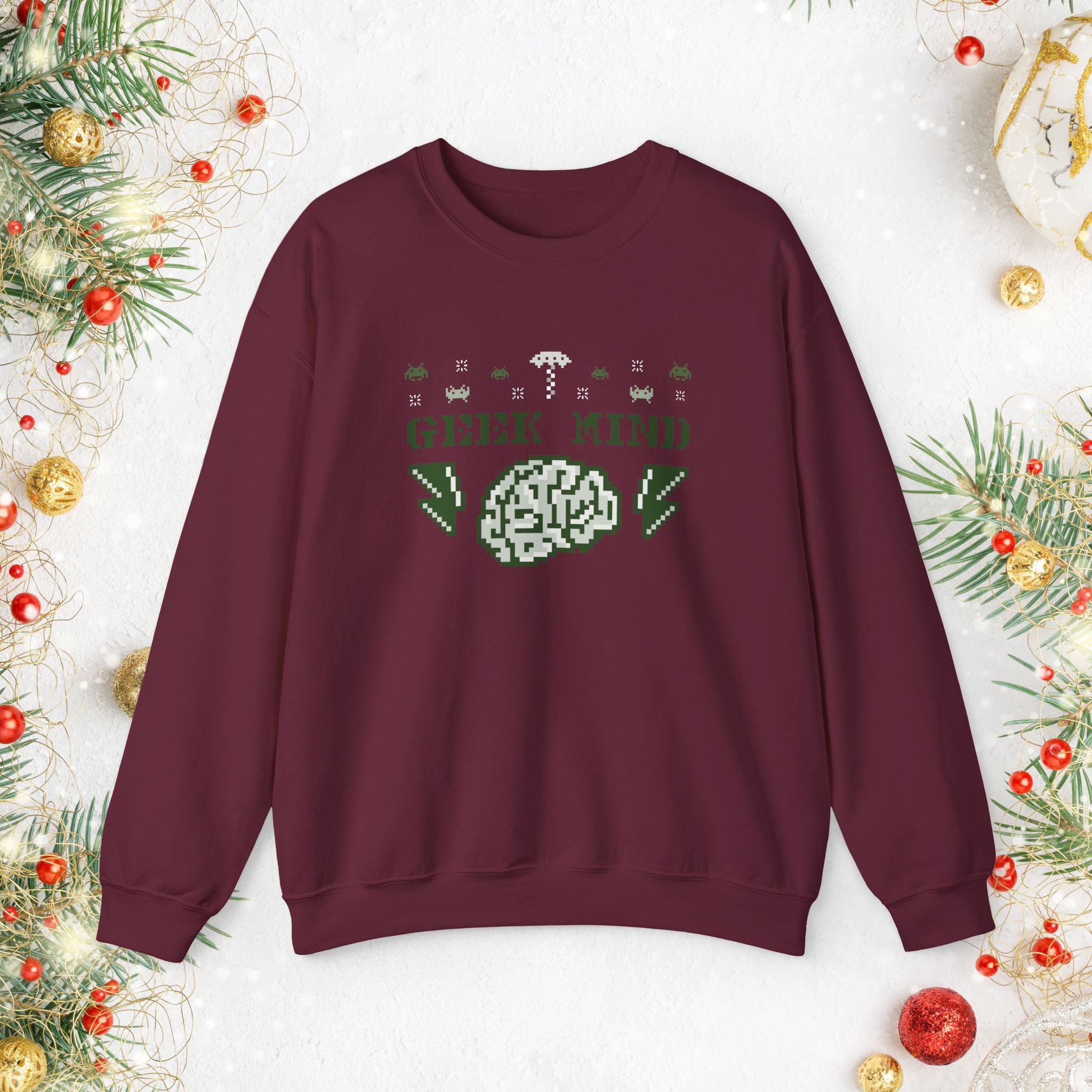 Geek Mind Crewneck Sweatshirt – Retro Pixel Brain Gaming Holiday Sweater