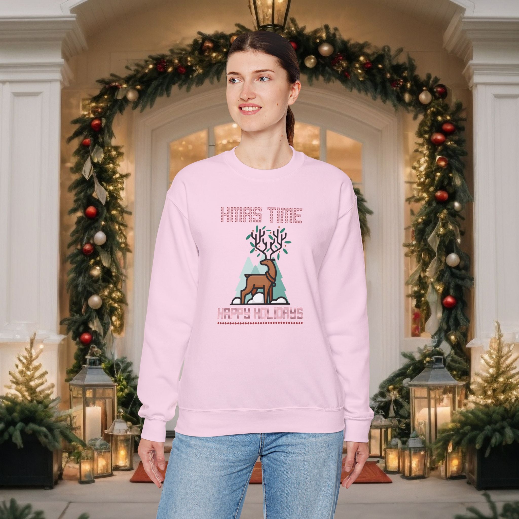 Christmas Reindeer Crewneck Sweatshirt — "Xmas Time, Happy Holidays" Holiday Sweatshirt