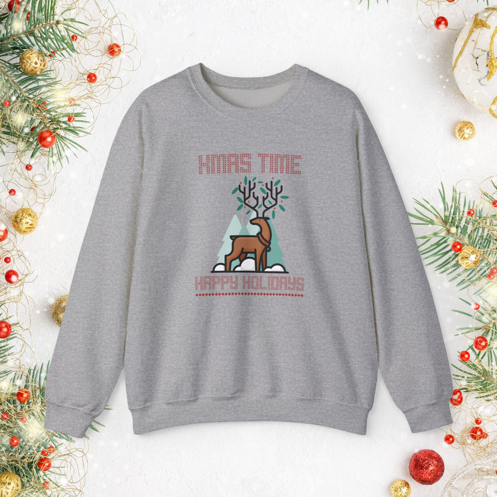 Christmas Reindeer Crewneck Sweatshirt — "Xmas Time, Happy Holidays" Holiday Sweatshirt