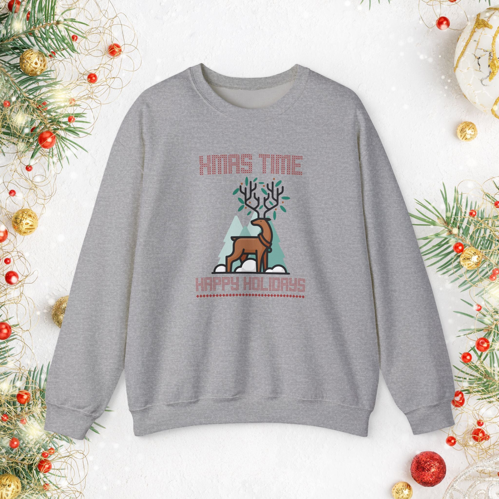 Christmas Reindeer Crewneck Sweatshirt — "Xmas Time, Happy Holidays" Holiday Sweatshirt