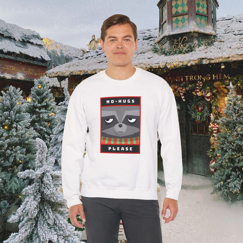 Crewneck Sweatshirt - "No Hugs Please" Grumpy Raccoon Holiday Sweater