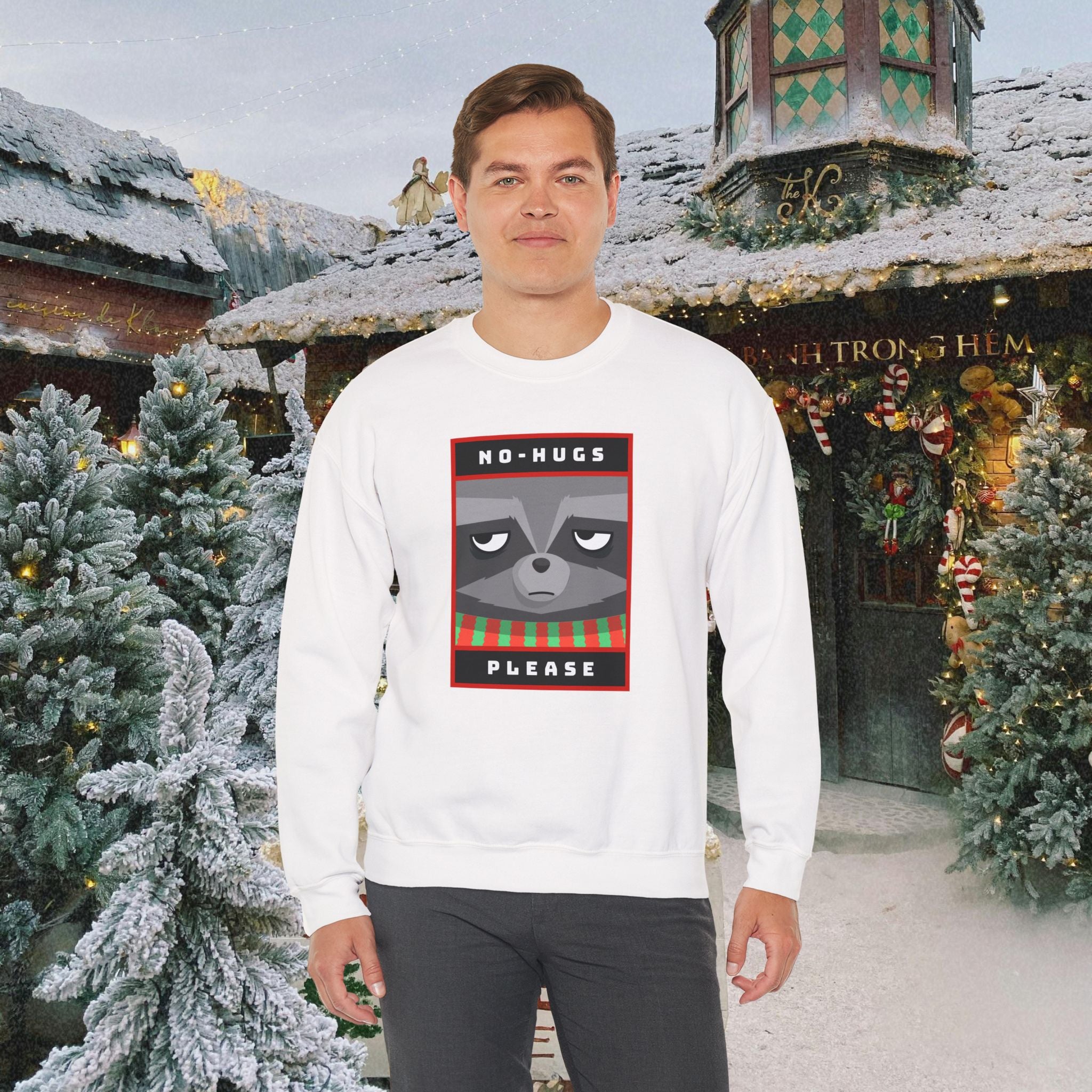 Crewneck Sweatshirt - "No Hugs Please" Grumpy Raccoon Holiday Sweater