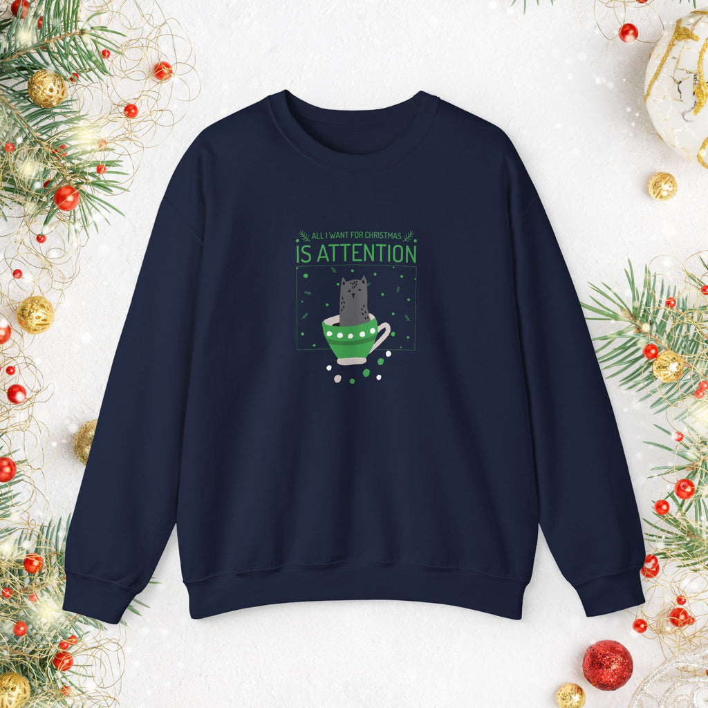 Cat in Ornament Sweatshirt — 'Is Attention' Holiday Cat Crewneck