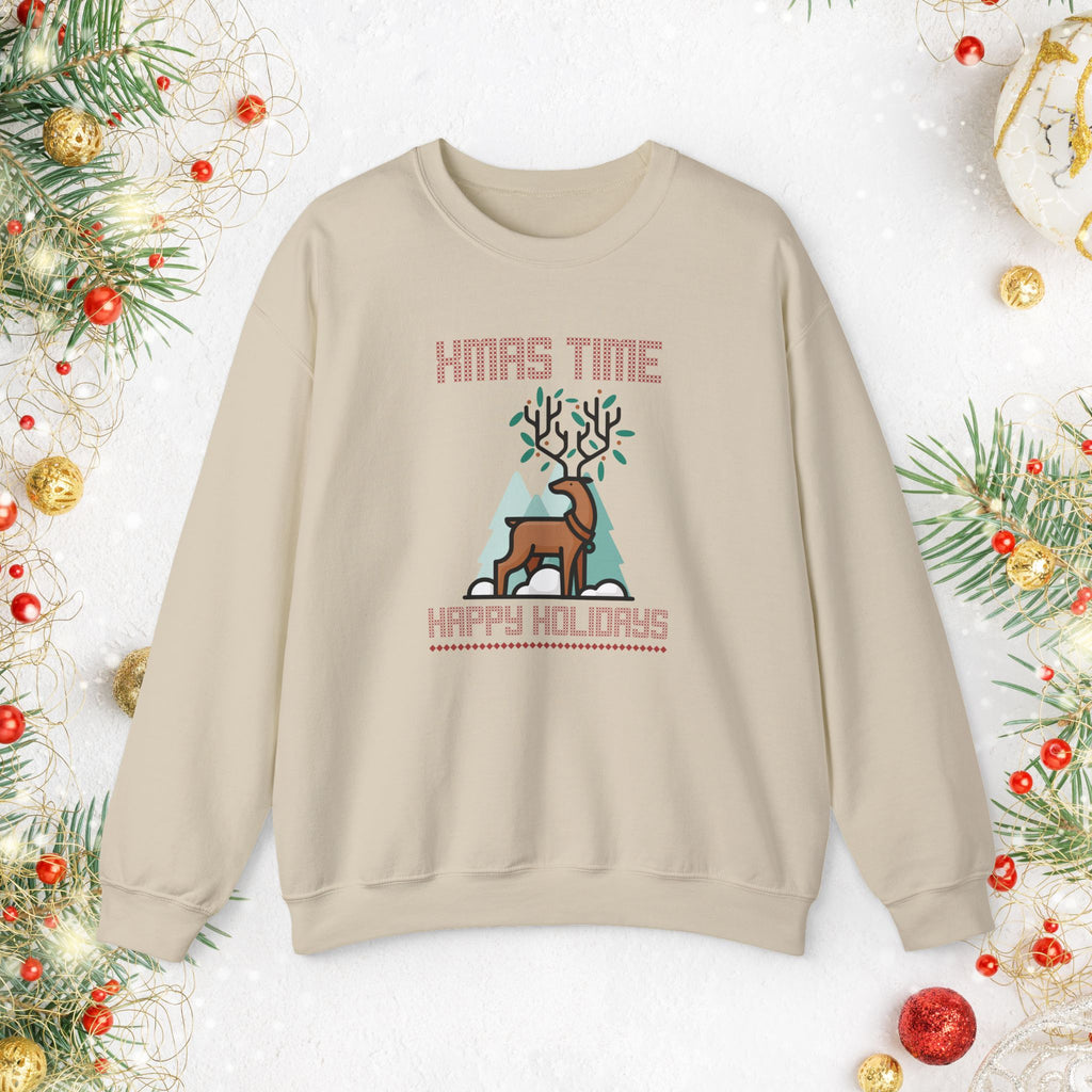 Christmas Reindeer Crewneck Sweatshirt — "Xmas Time, Happy Holidays" Holiday Sweatshirt