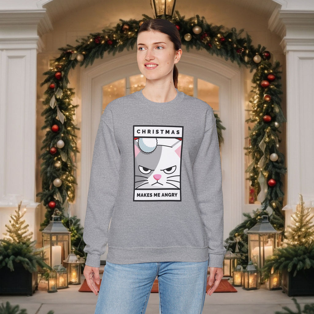 Grumpy Cat Christmas Sweatshirt - "Christmas Makes Me Angry" Graphic Crewneck