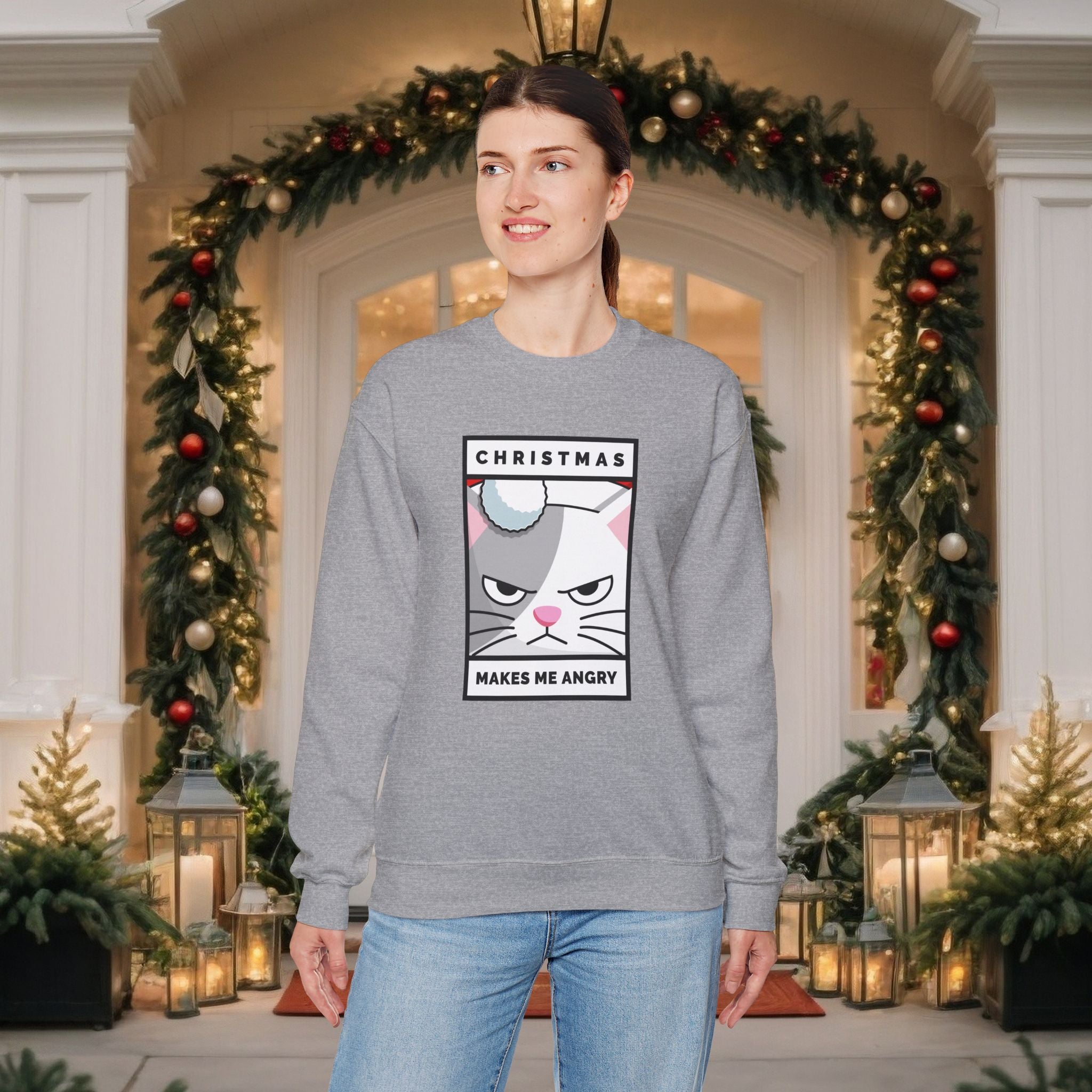 Grumpy Cat Christmas Sweatshirt - "Christmas Makes Me Angry" Graphic Crewneck