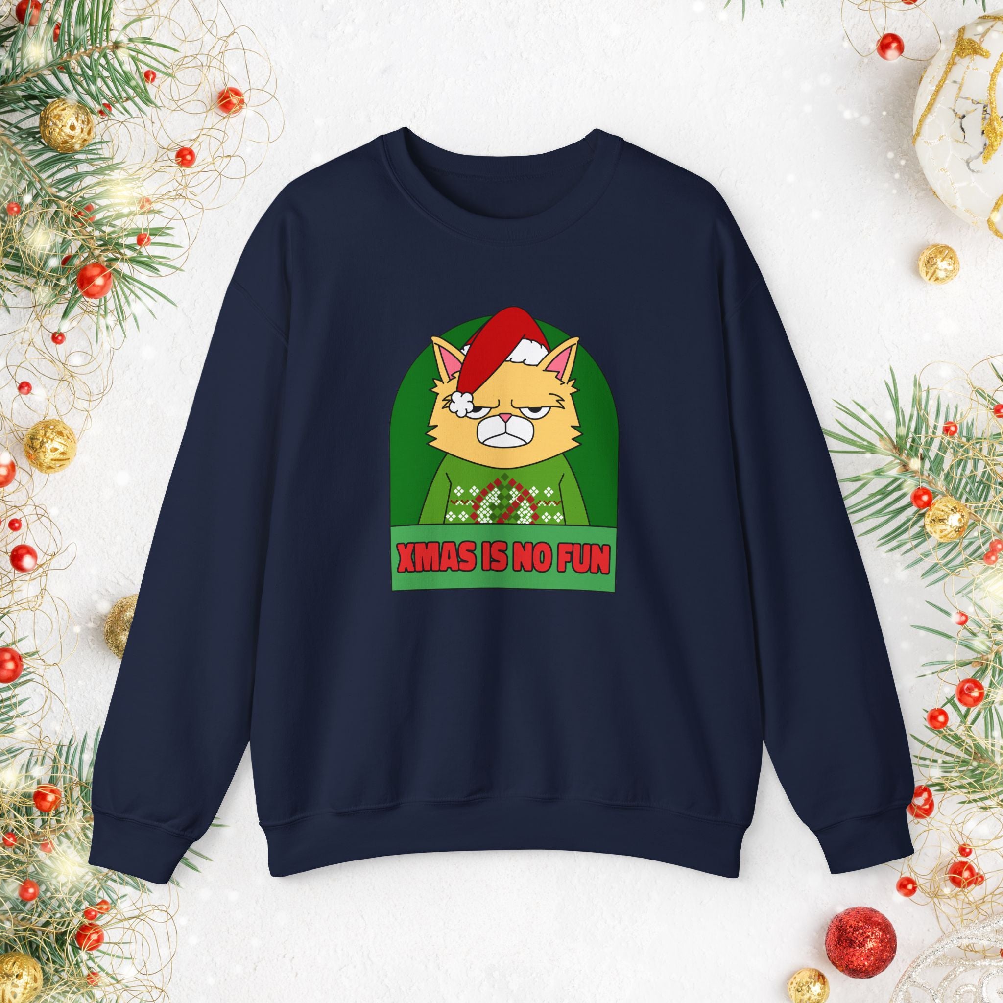 Grumpy Cat Christmas Sweatshirt – "XMAS IS NO FUN" Holiday Crewneck