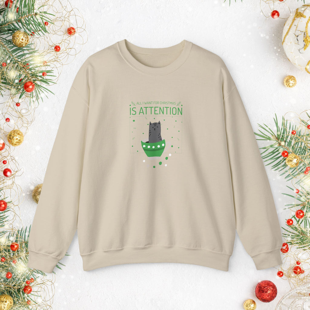 Cat in Ornament Sweatshirt — 'Is Attention' Holiday Cat Crewneck