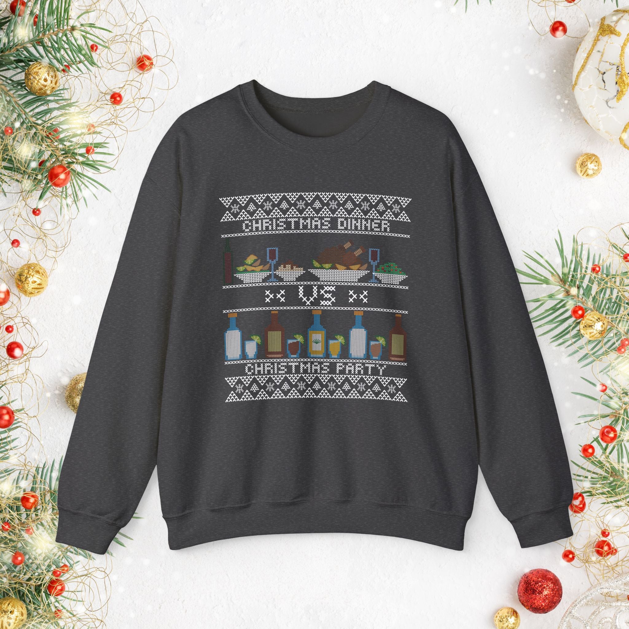 Christmas Dinner vs Christmas Party Sweatshirt – Funny Holiday Ugly Sweater Style