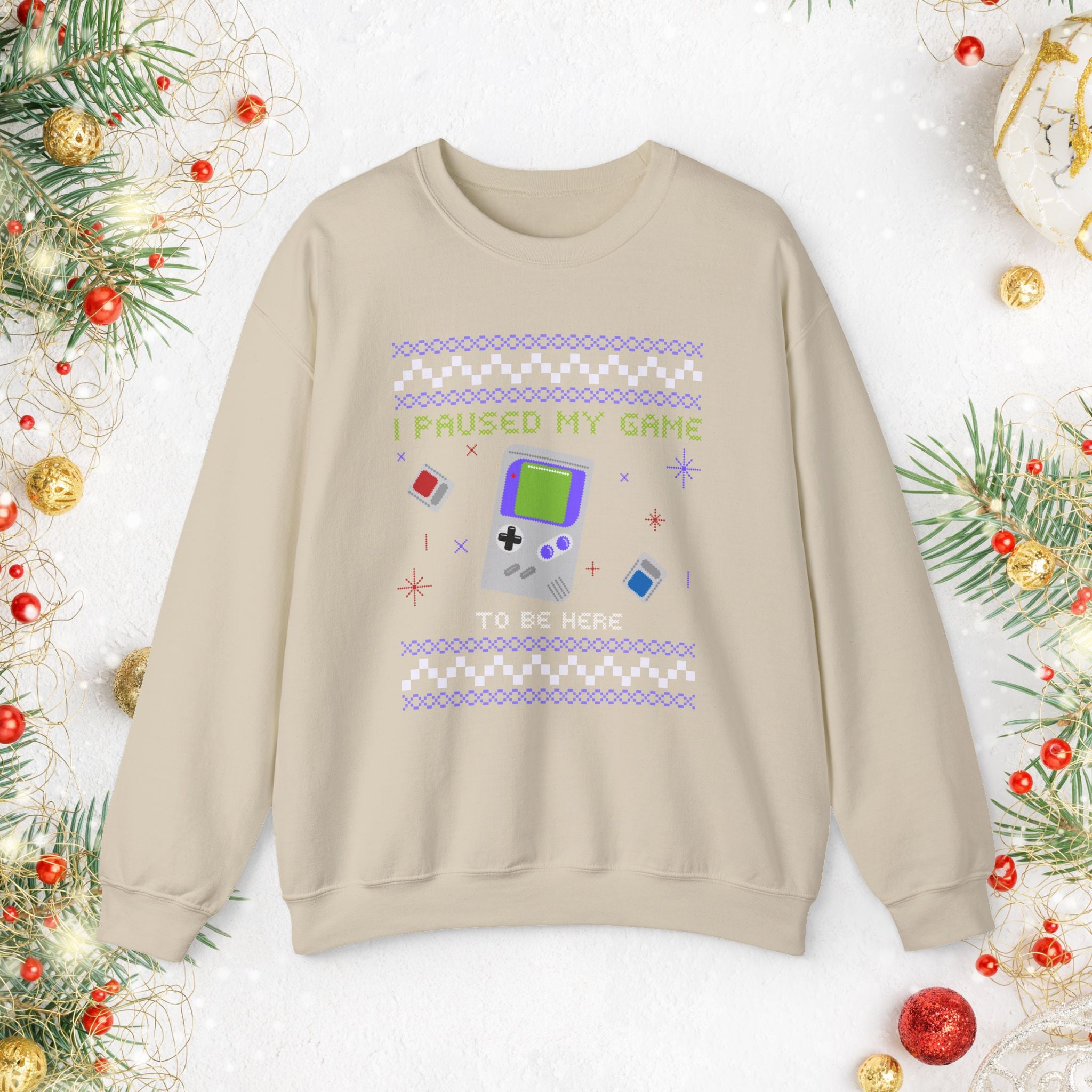 I Paused My Game Retro Handheld Sweatshirt — Gamer Christmas Ugly Sweater