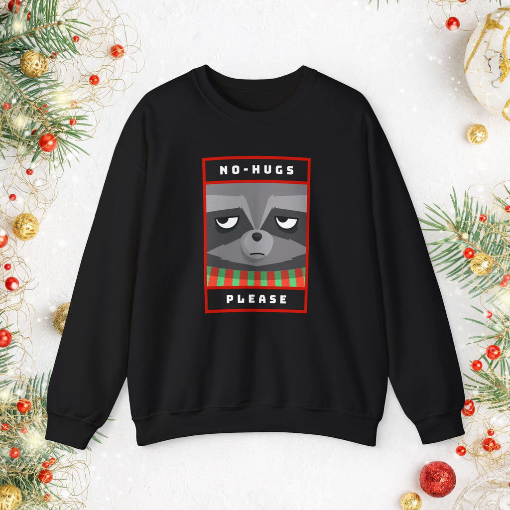 Crewneck Sweatshirt - "No Hugs Please" Grumpy Raccoon Holiday Sweater