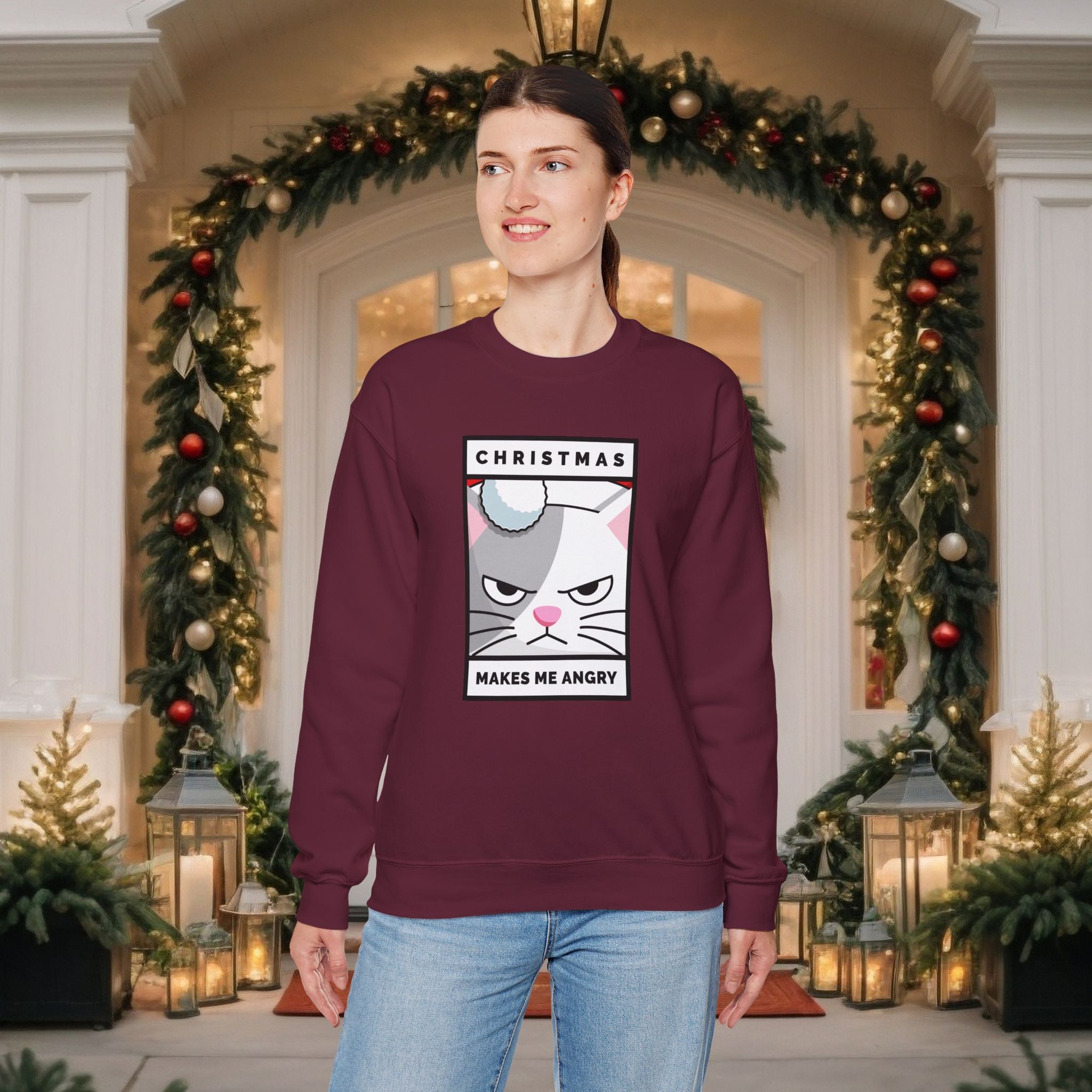 Grumpy Cat Christmas Sweatshirt - "Christmas Makes Me Angry" Graphic Crewneck