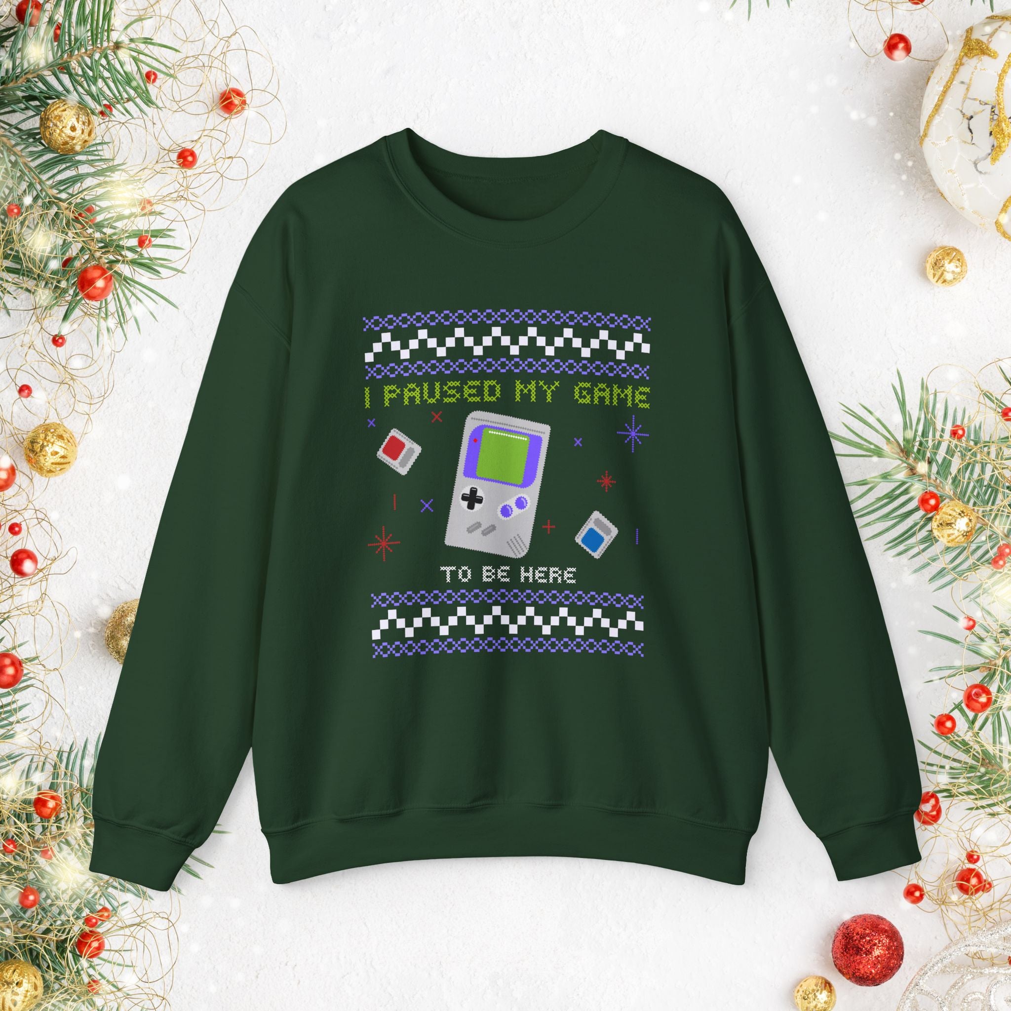 I Paused My Game Retro Handheld Sweatshirt — Gamer Christmas Ugly Sweater
