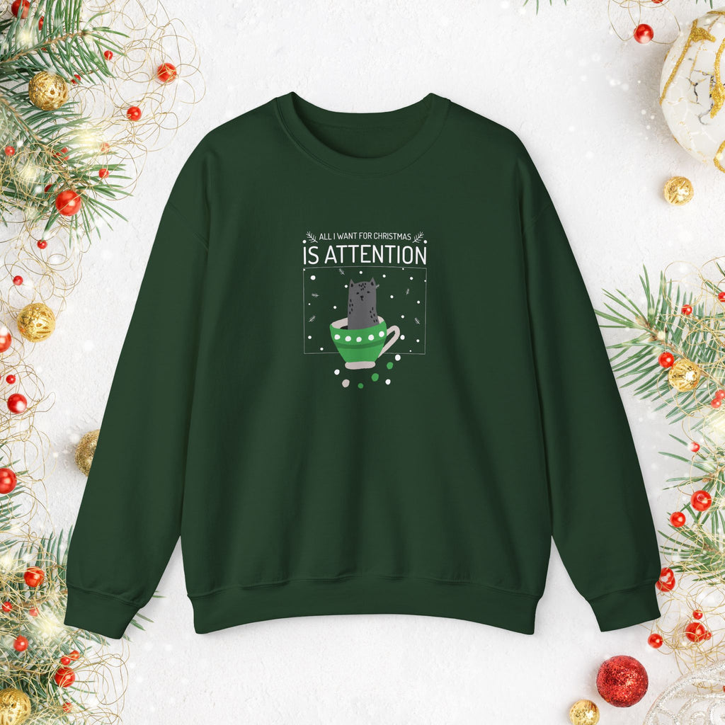 Cat in Ornament Sweatshirt — 'Is Attention' Holiday Cat Crewneck