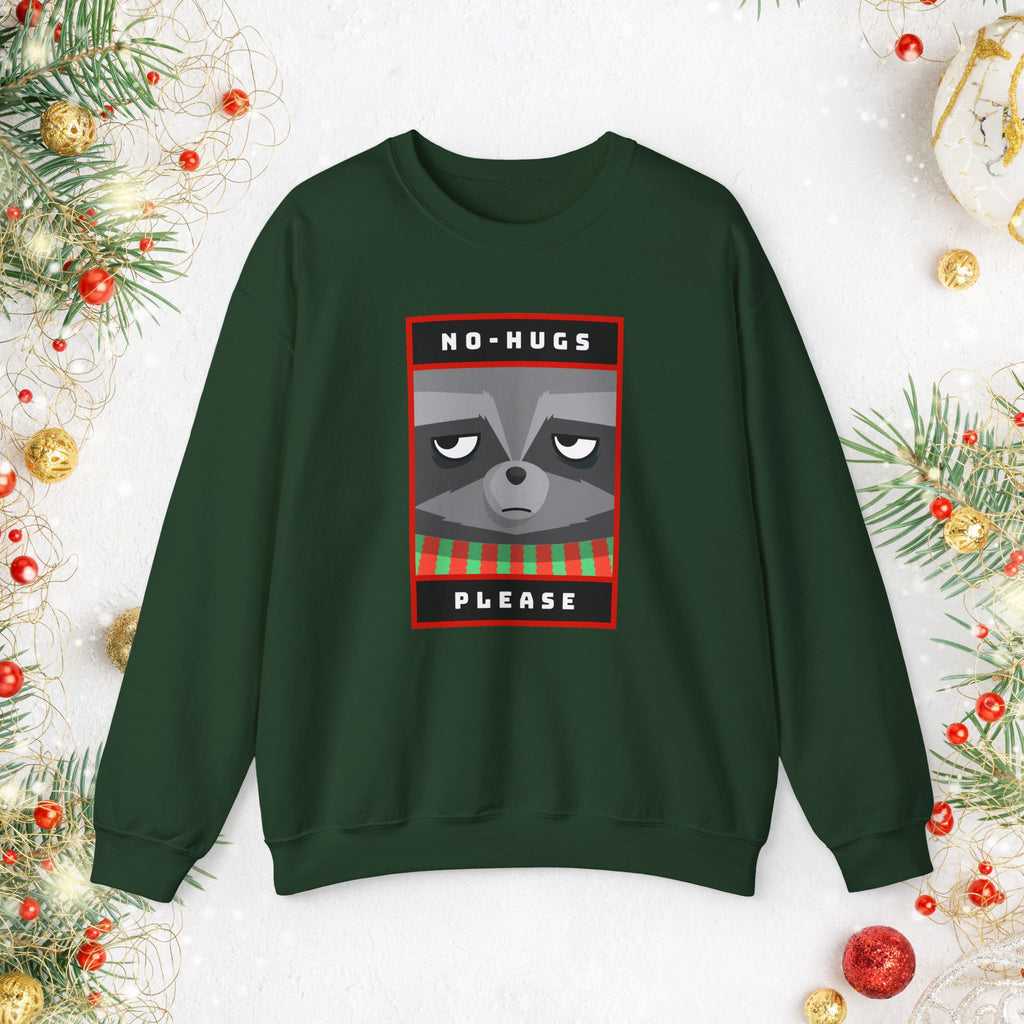 Crewneck Sweatshirt - "No Hugs Please" Grumpy Raccoon Holiday Sweater