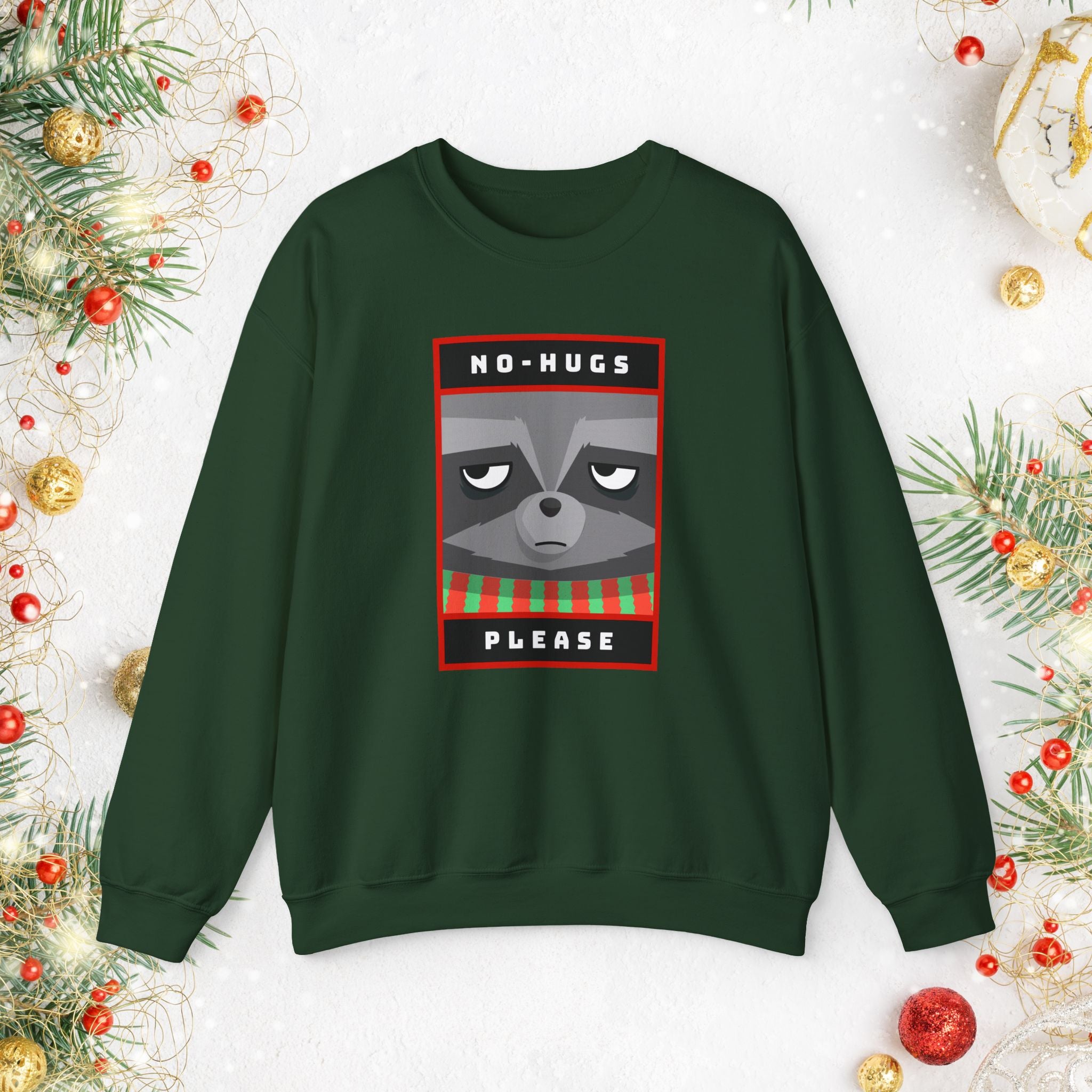 Crewneck Sweatshirt - "No Hugs Please" Grumpy Raccoon Holiday Sweater