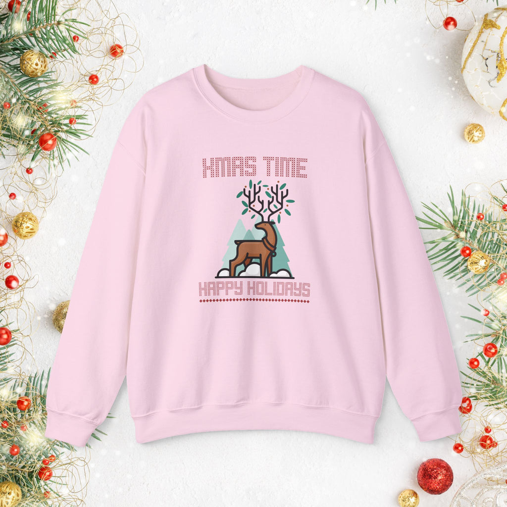Christmas Reindeer Crewneck Sweatshirt — "Xmas Time, Happy Holidays" Holiday Sweatshirt