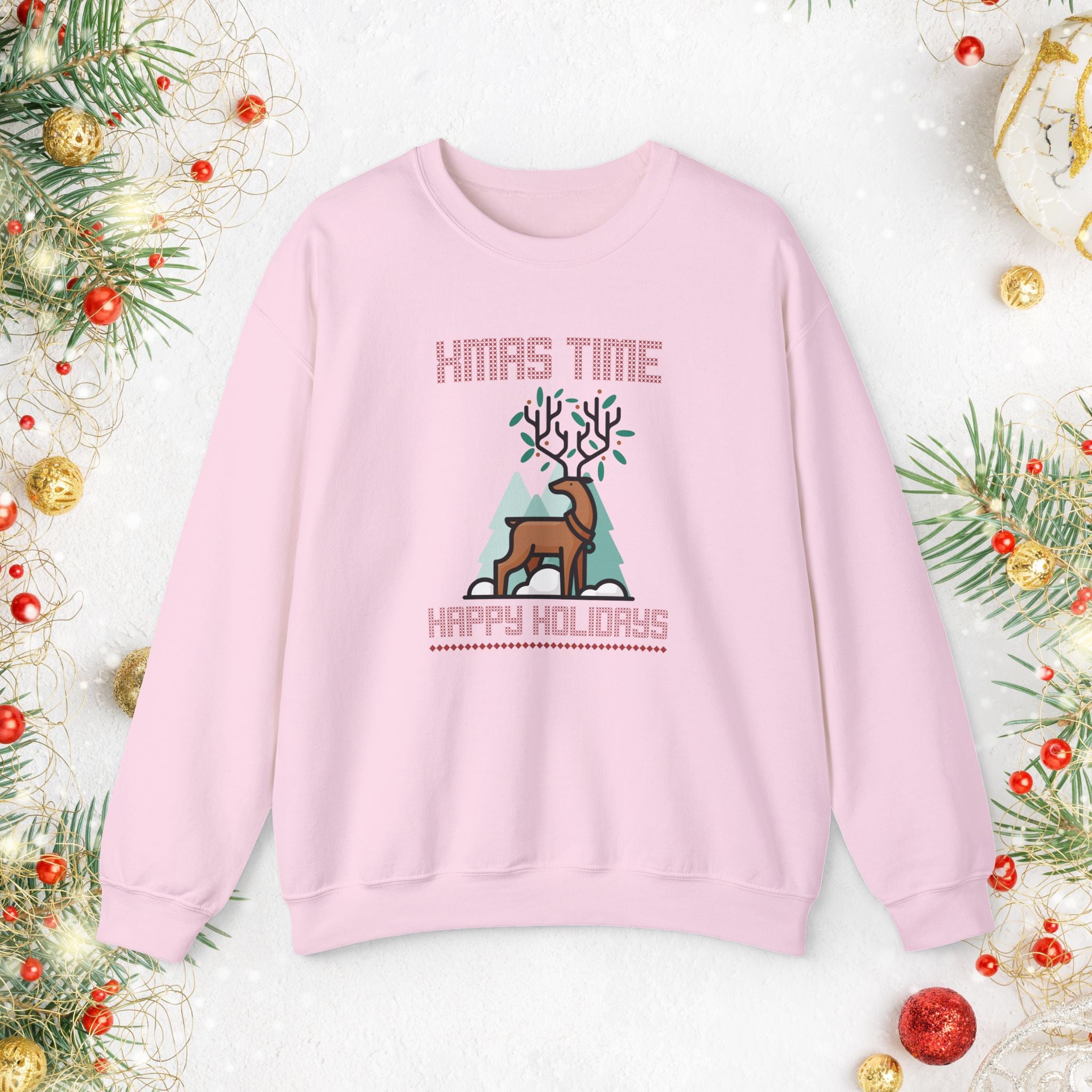 Christmas Reindeer Crewneck Sweatshirt — "Xmas Time, Happy Holidays" Holiday Sweatshirt