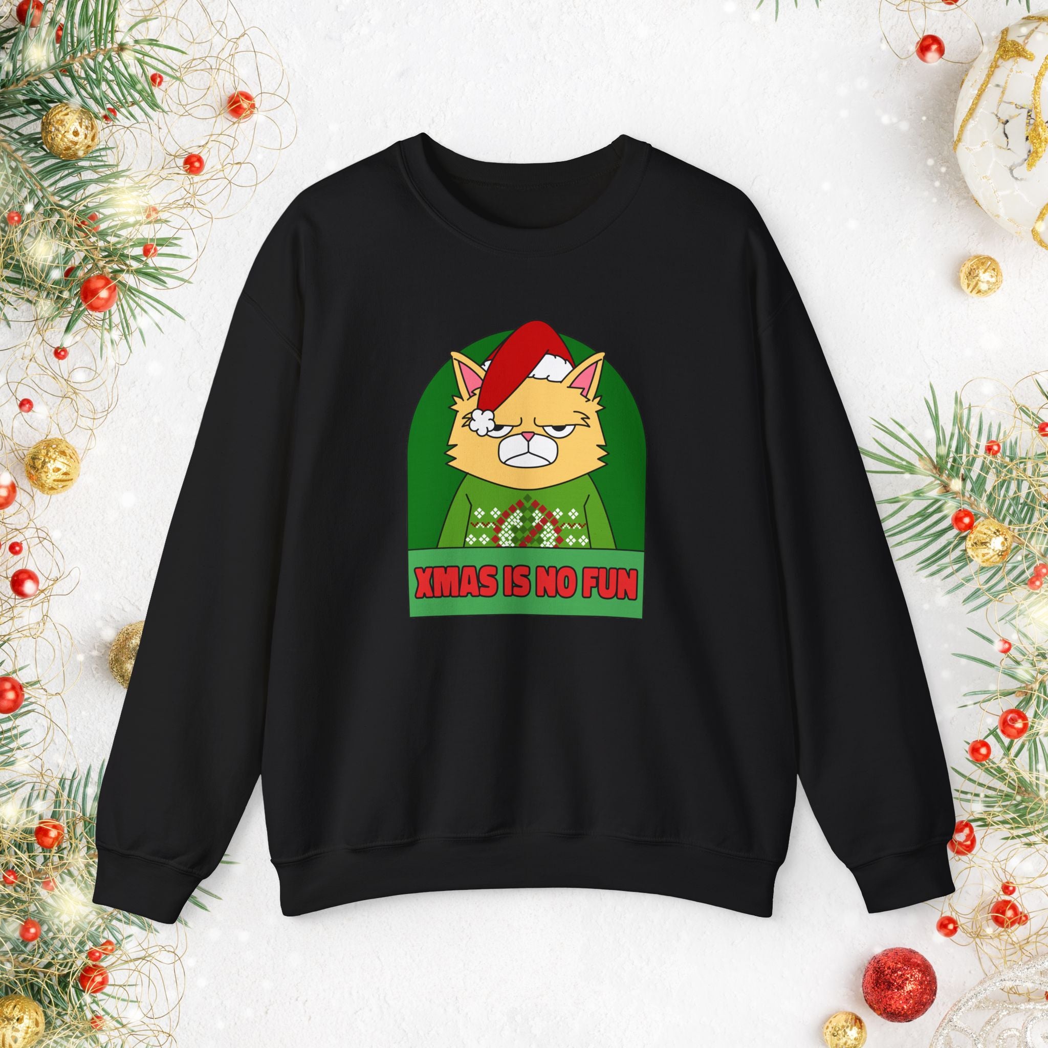 Grumpy Cat Christmas Sweatshirt – "XMAS IS NO FUN" Holiday Crewneck