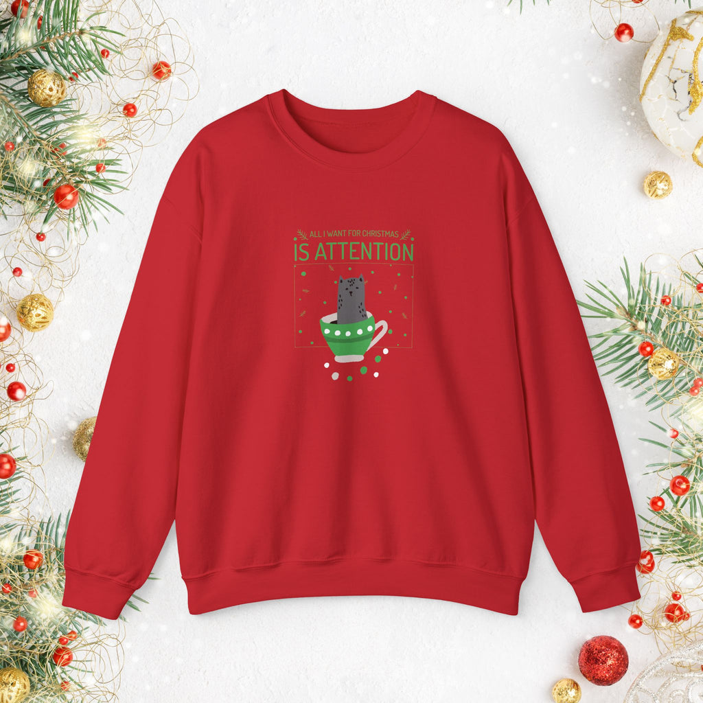 Cat in Ornament Sweatshirt — 'Is Attention' Holiday Cat Crewneck