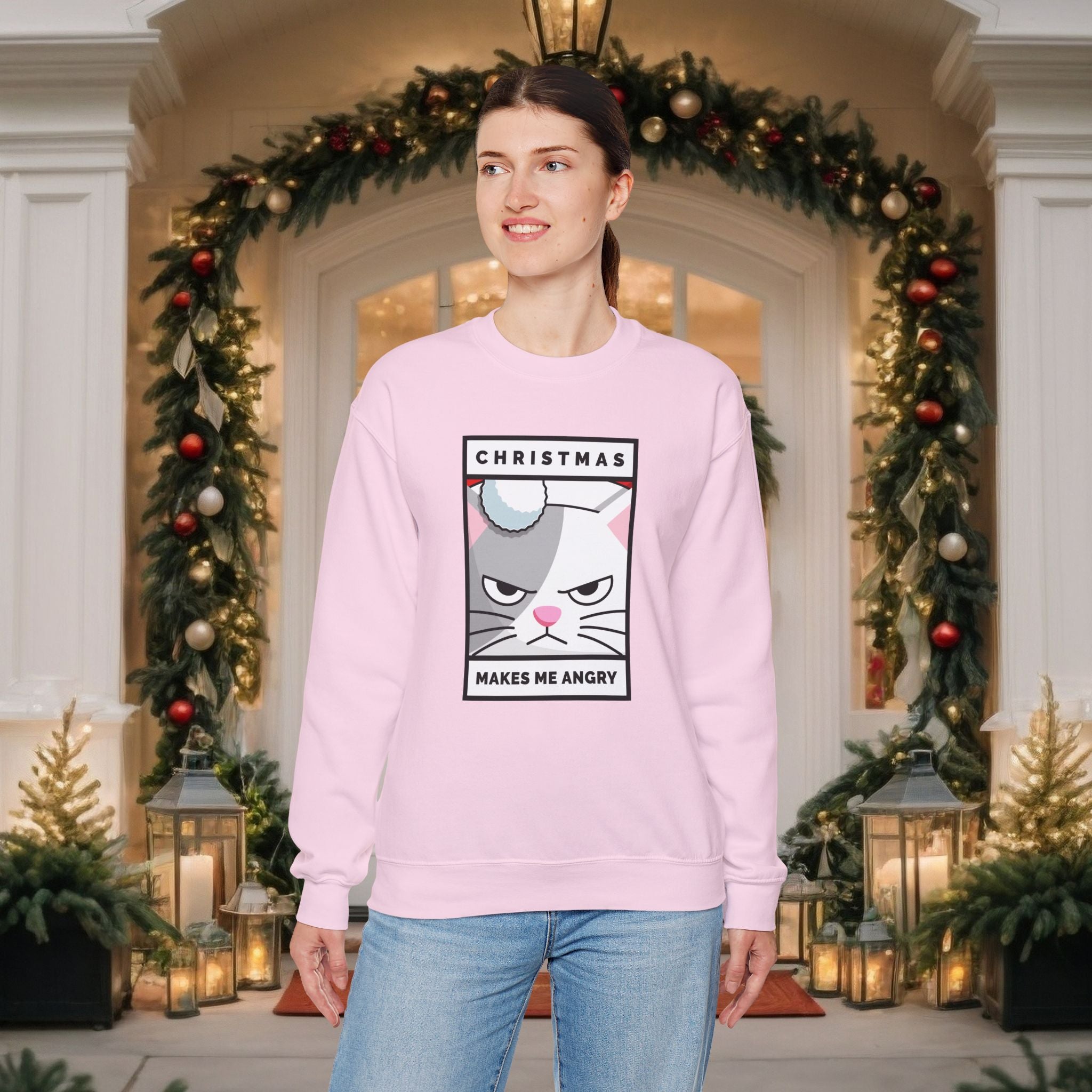 Grumpy Cat Christmas Sweatshirt - "Christmas Makes Me Angry" Graphic Crewneck