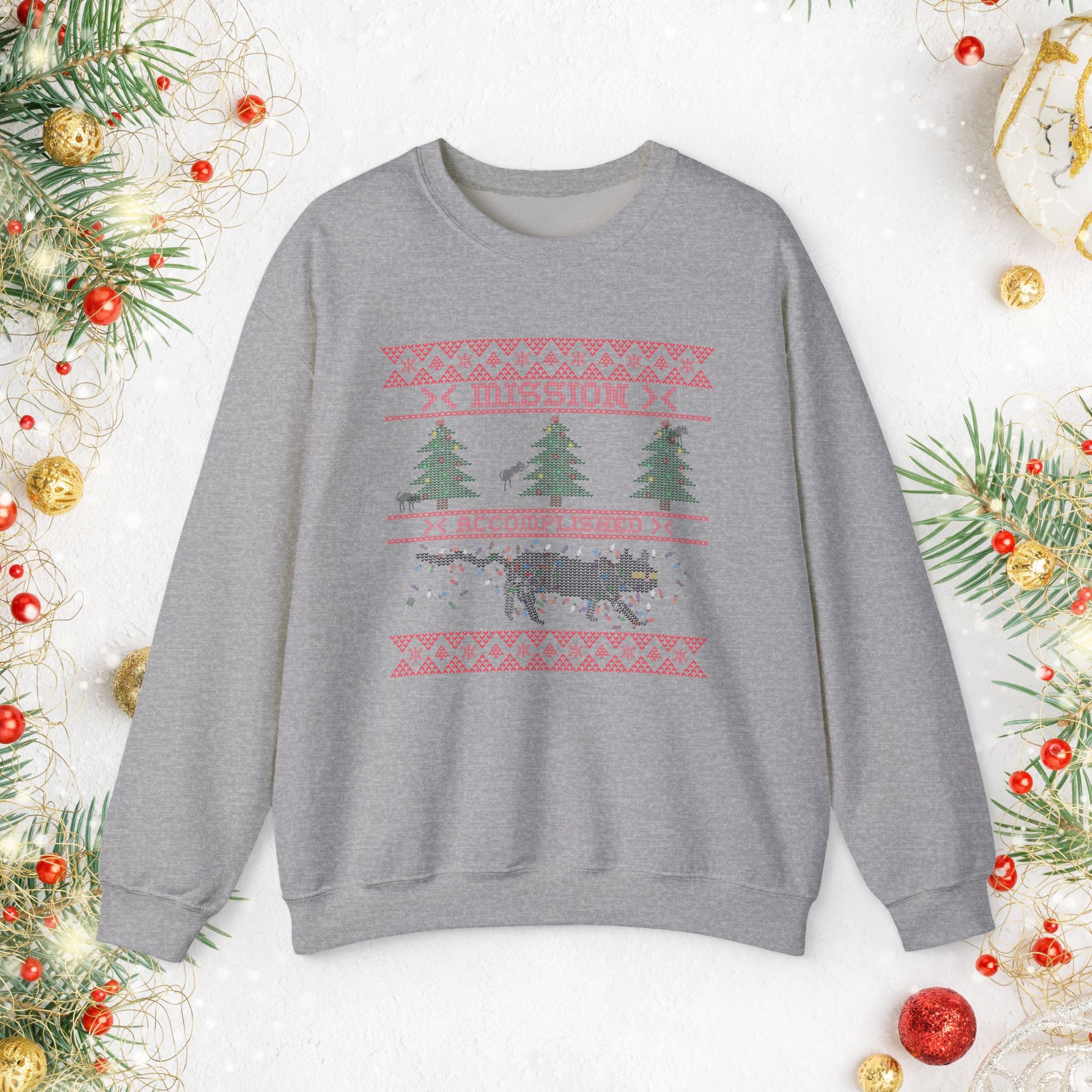 Holiday Cat Sweatshirt — 'Mission Accomplished' Funny Cat Christmas Sweater Design