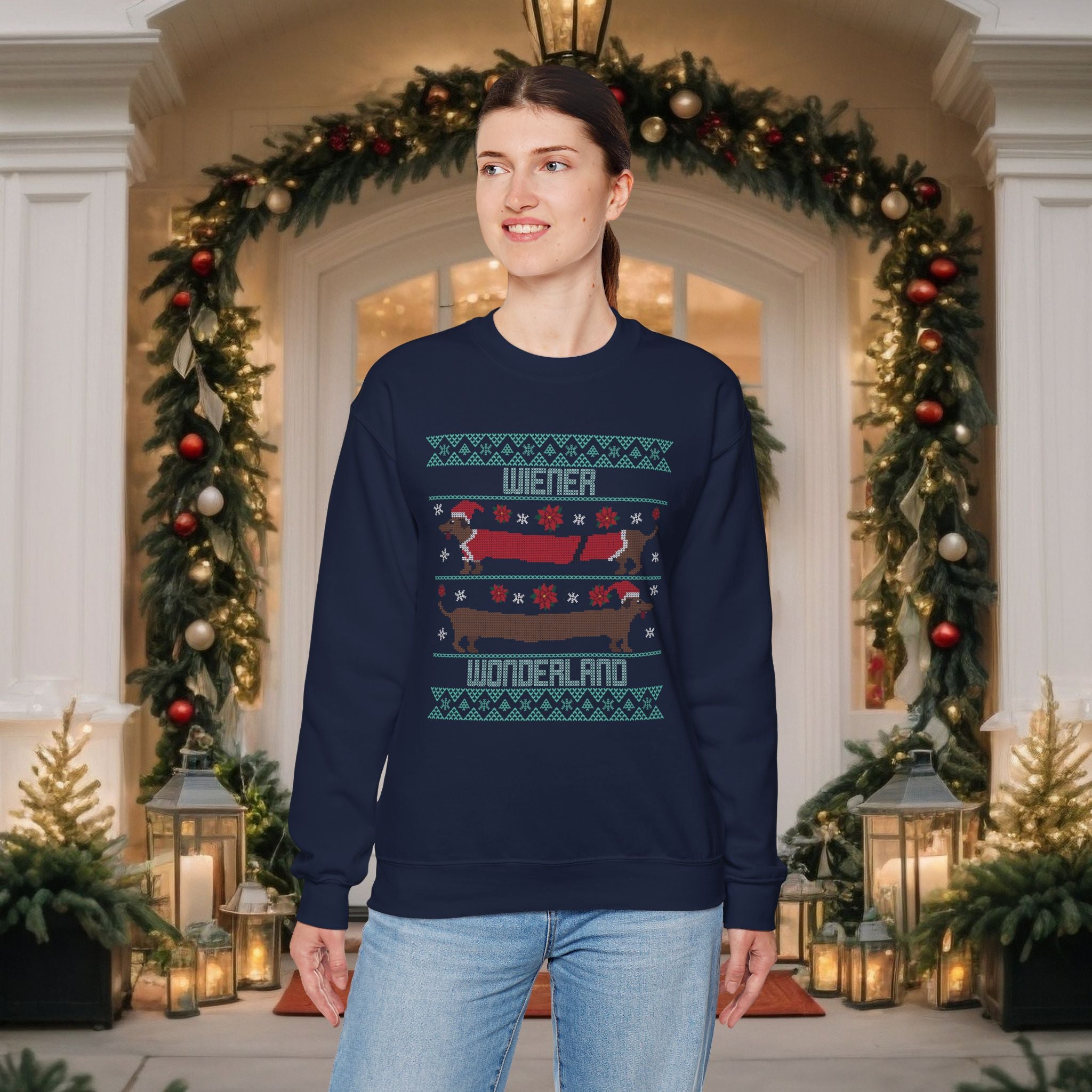 Dachshund Holiday Crewneck Sweatshirt — Cute Wiener Dog Christmas Sweater