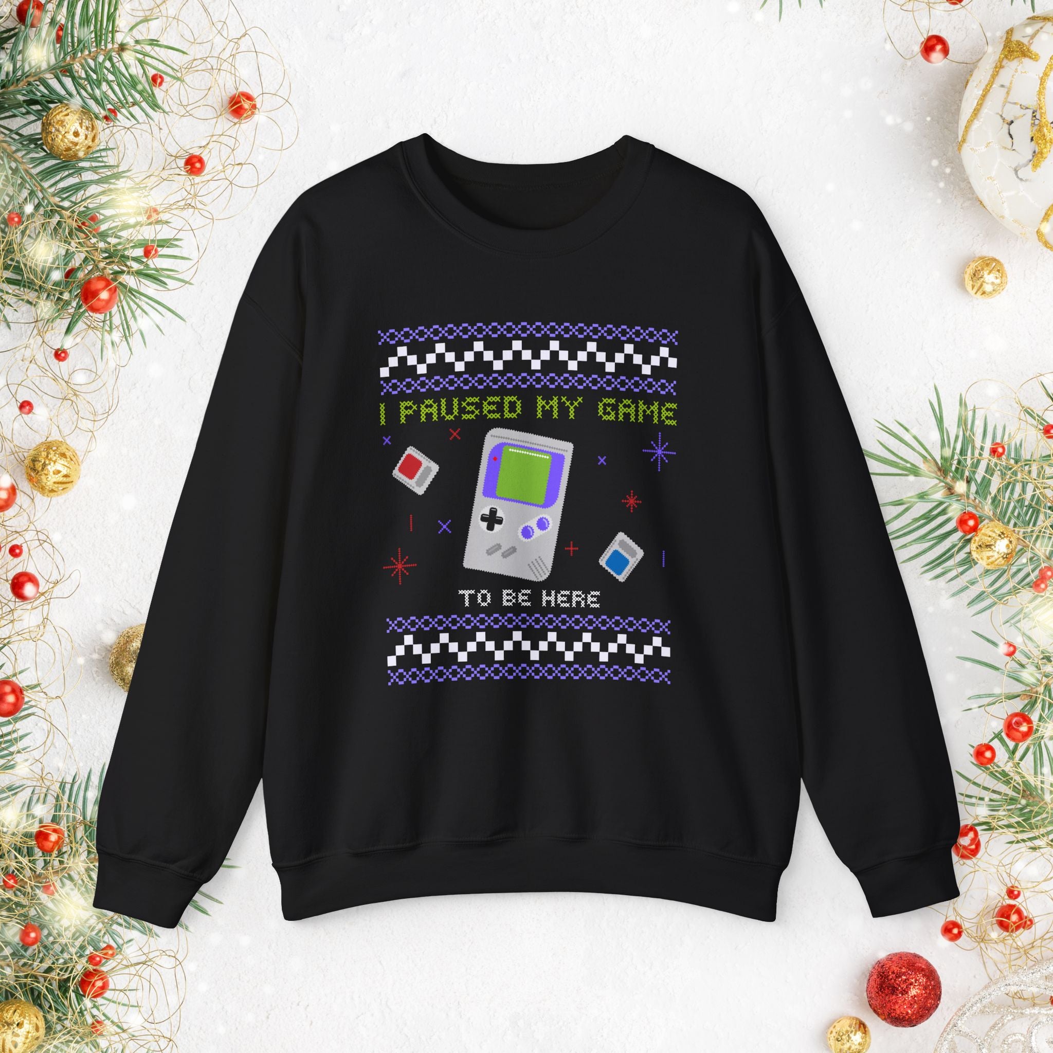 I Paused My Game Retro Handheld Sweatshirt — Gamer Christmas Ugly Sweater