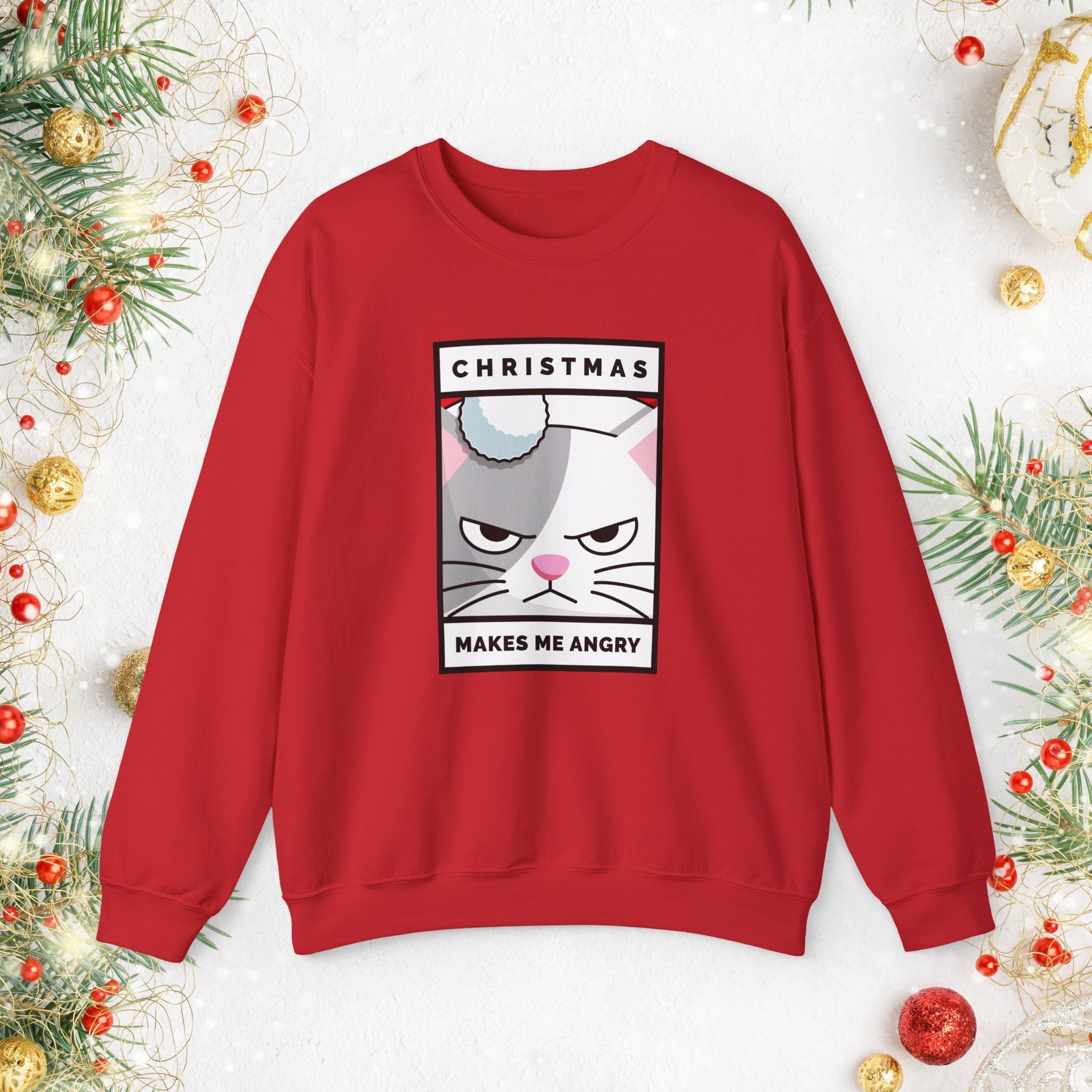 Grumpy Cat Christmas Sweatshirt - "Christmas Makes Me Angry" Graphic Crewneck