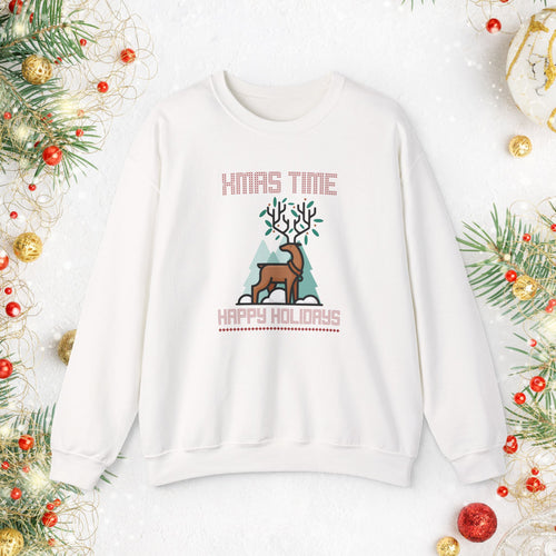 Christmas Reindeer Crewneck Sweatshirt — "Xmas Time, Happy Holidays" Holiday Sweatshirt